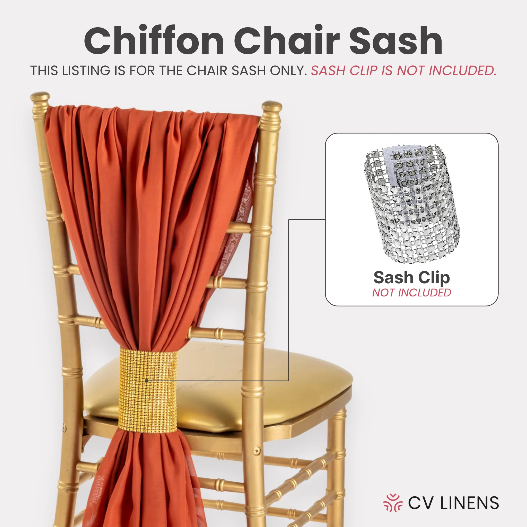 5pcs Pack of Chiffon Chair Sashes/Ties 19" x 72" - Rust - Image 3