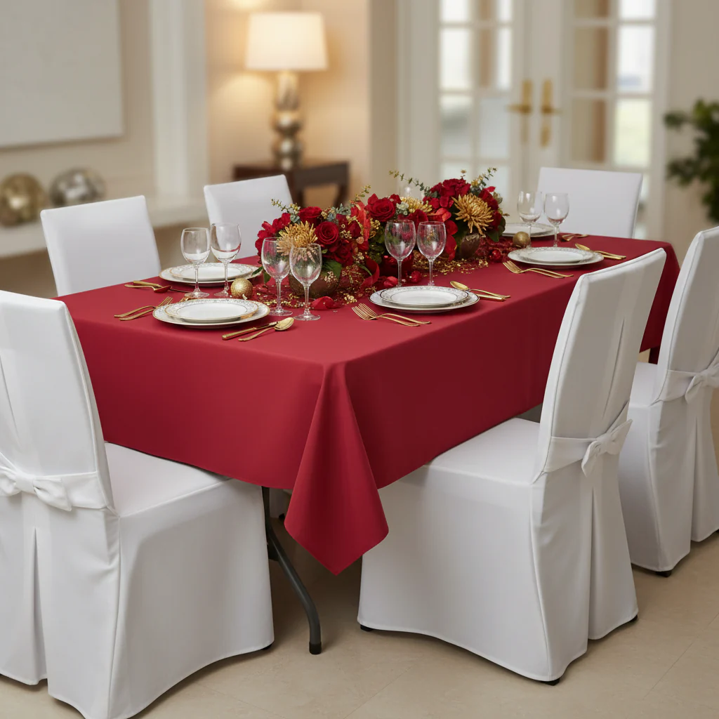 60"x120" Rectangular Premium Polyester Tablecloth - Apple Red - Image 4
