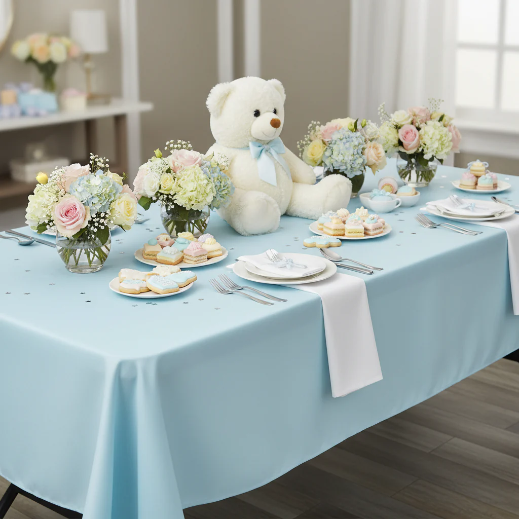 60"x120" Rectangular Premium Polyester Tablecloth - Baby Blue - Image 4