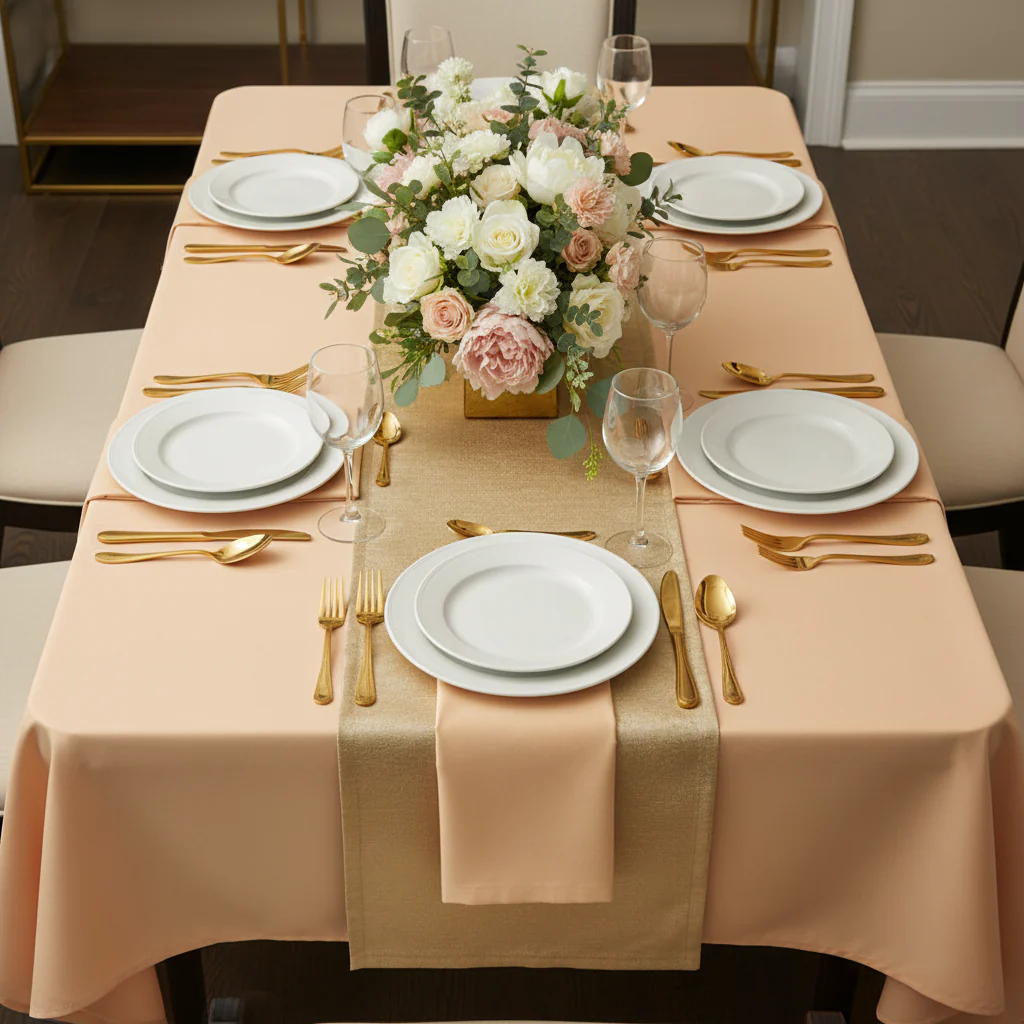 60"x120" Rectangular Premium Polyester Tablecloth - Champagne - Image 3
