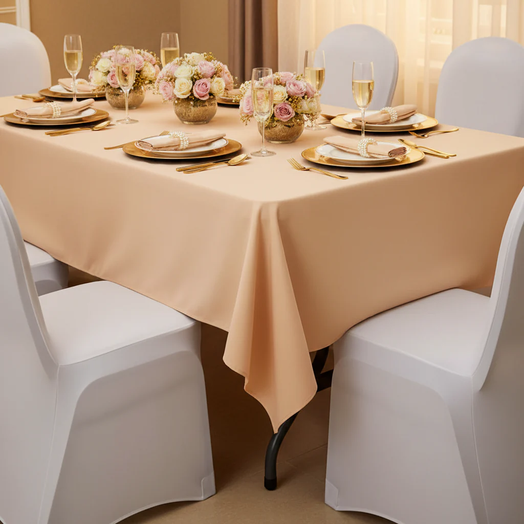 60"x120" Rectangular Premium Polyester Tablecloth - Champagne - Image 4
