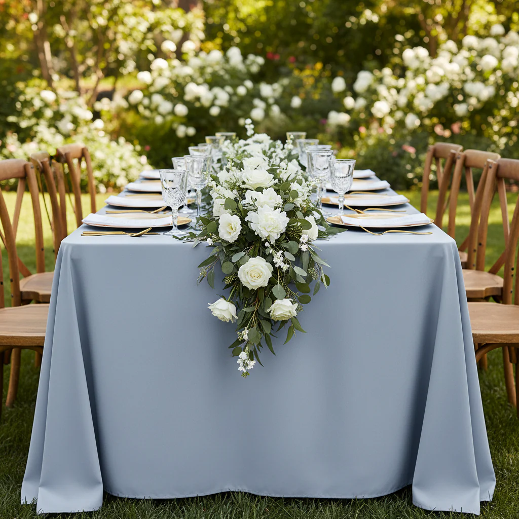 60"x120" Rectangular Premium Polyester Tablecloth - Dusty Blue - Image 4