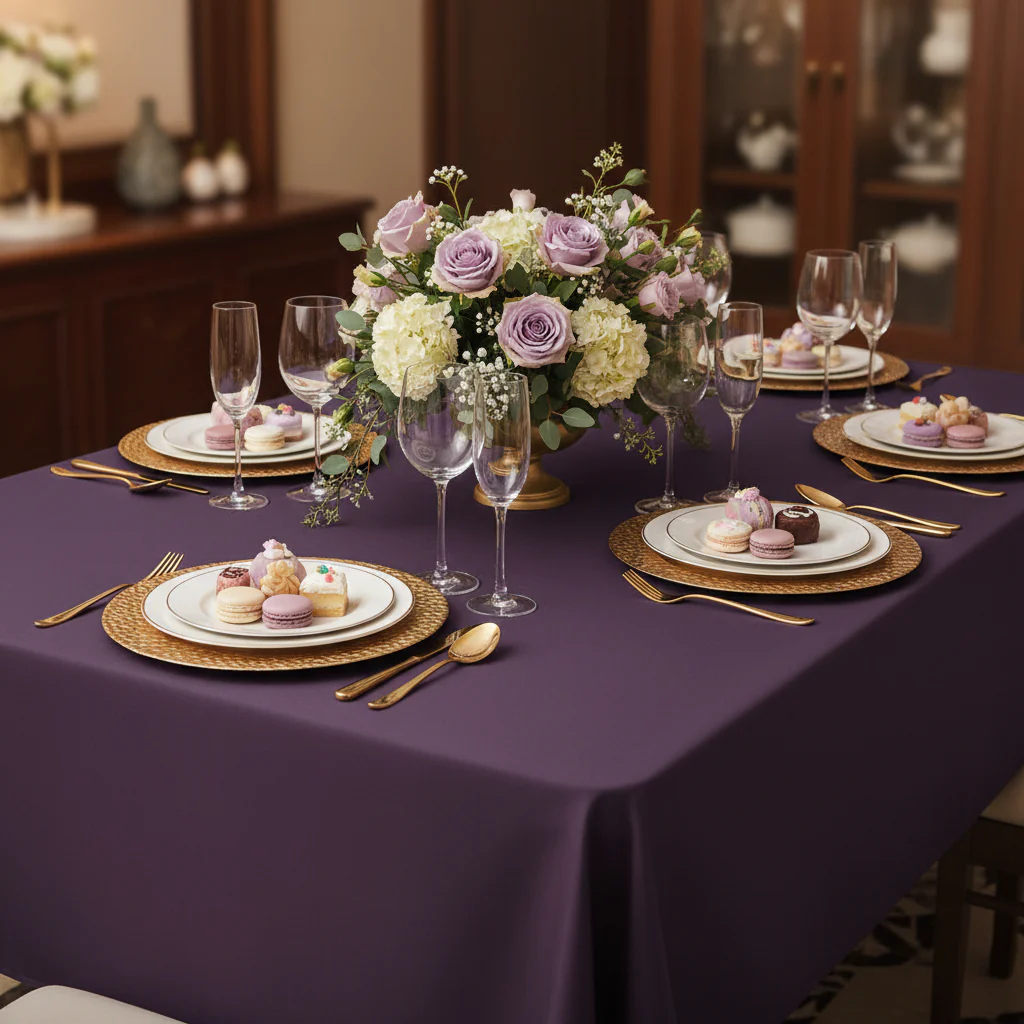 60"x120" Rectangular Premium Polyester Tablecloth - Eggplant/Plum - Image 4