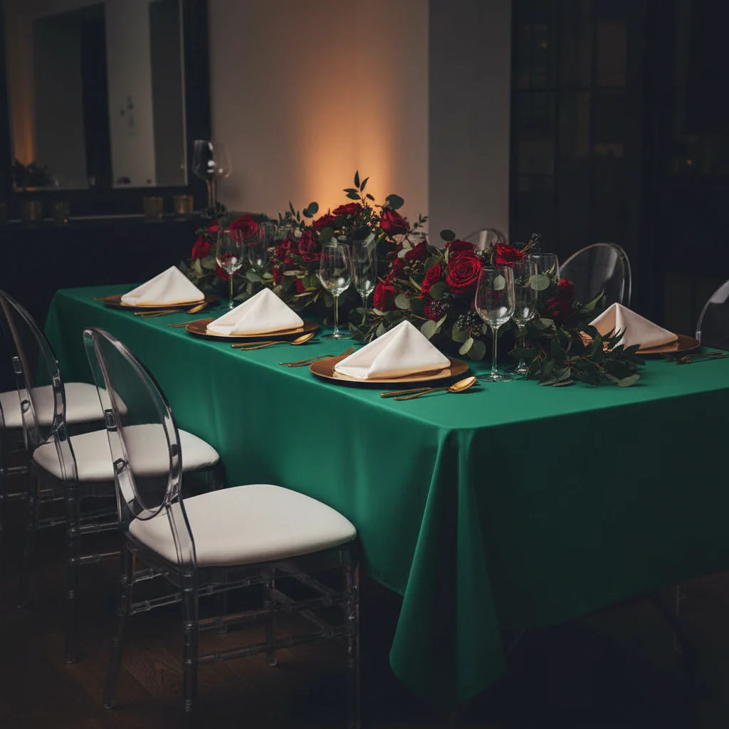 60"x120" Rectangular Premium Polyester Tablecloth - Emerald Green - Image 4
