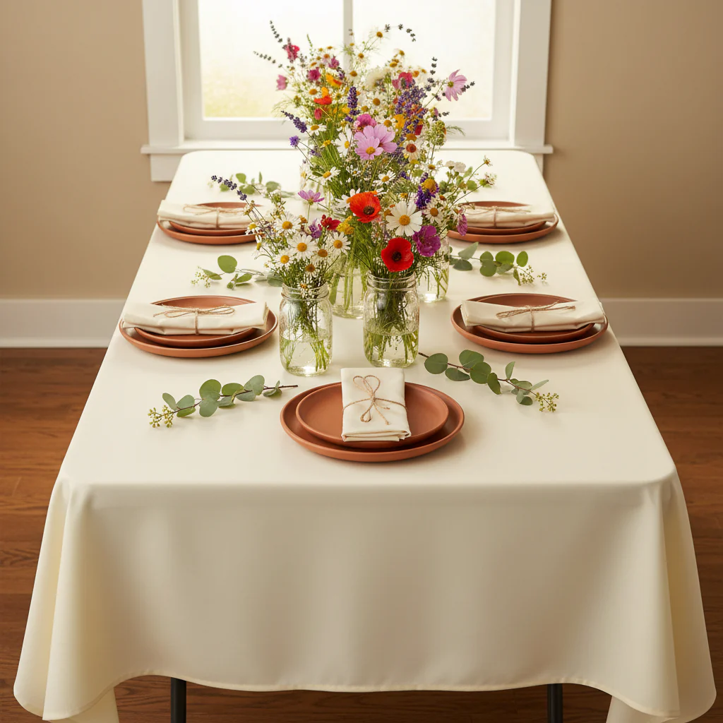 60"x120" Rectangular Premium Polyester Tablecloth - Light Ivory/Off White - Image 3
