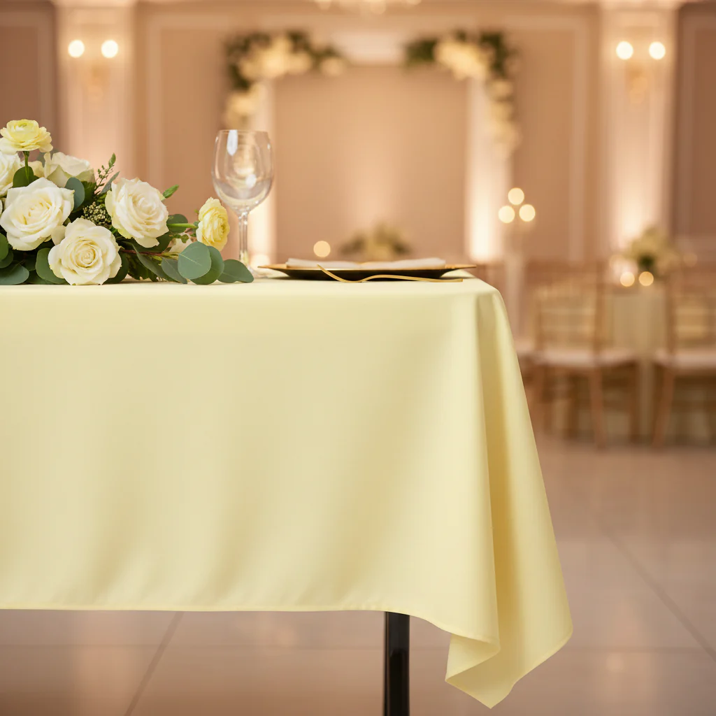 60"x120" Rectangular Premium Polyester Tablecloth - Pastel Yellow - Image 4