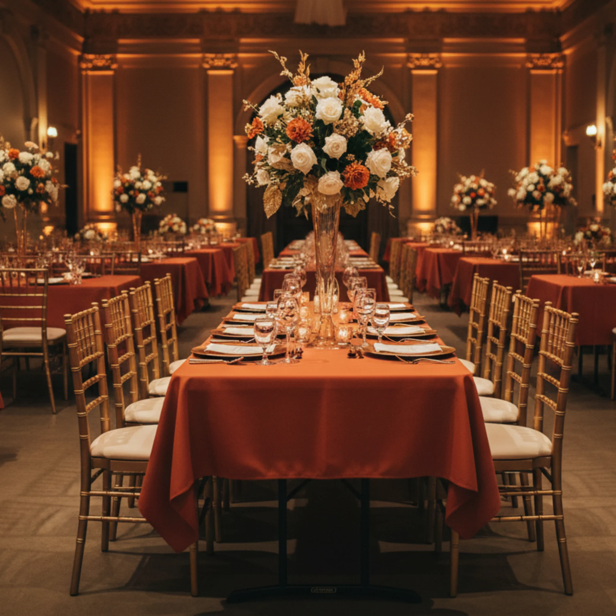 60"x120" Rectangular Premium Polyester Tablecloth - Rust - Image 3
