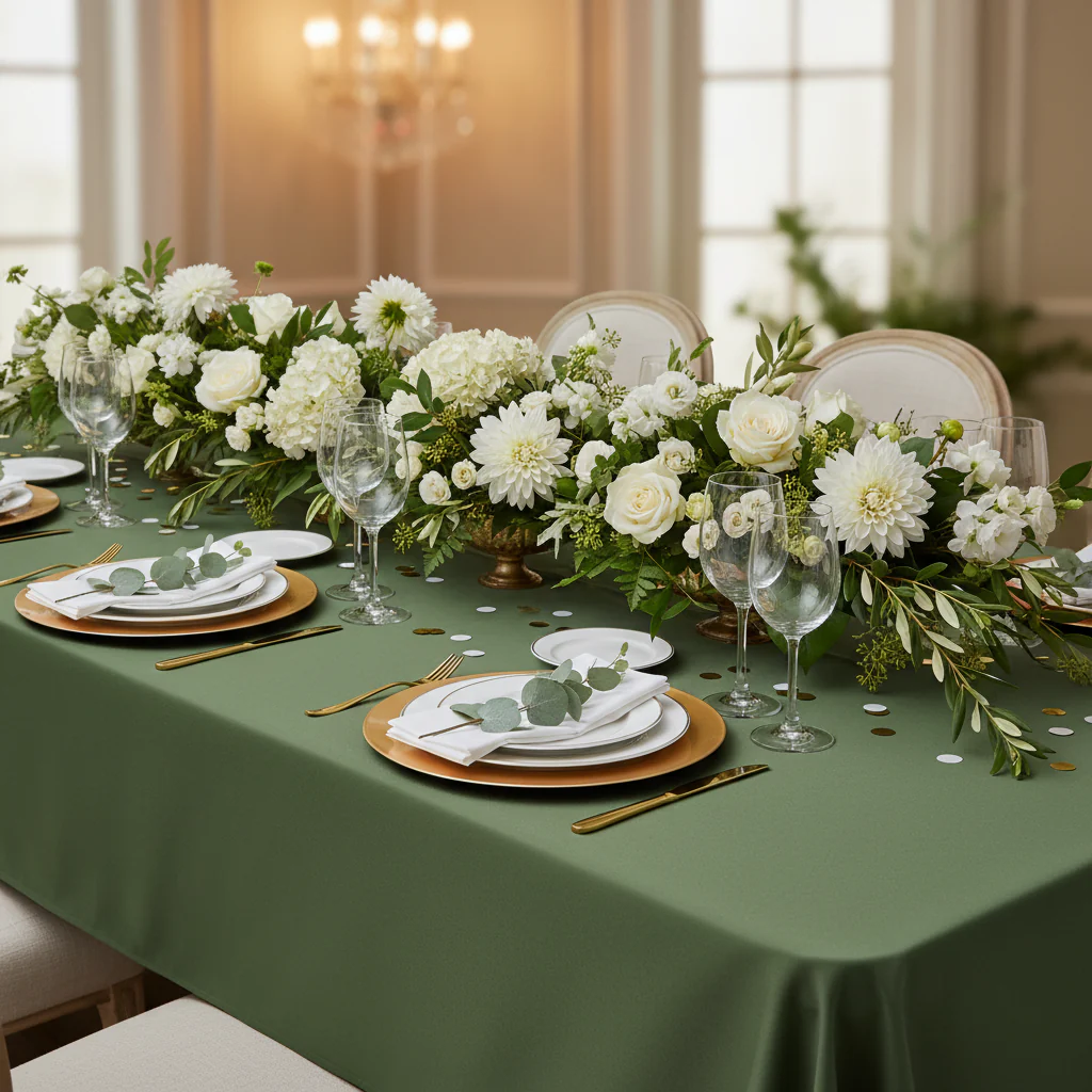 60"x120" Rectangular Premium Polyester Tablecloth - Willow Green - Image 4