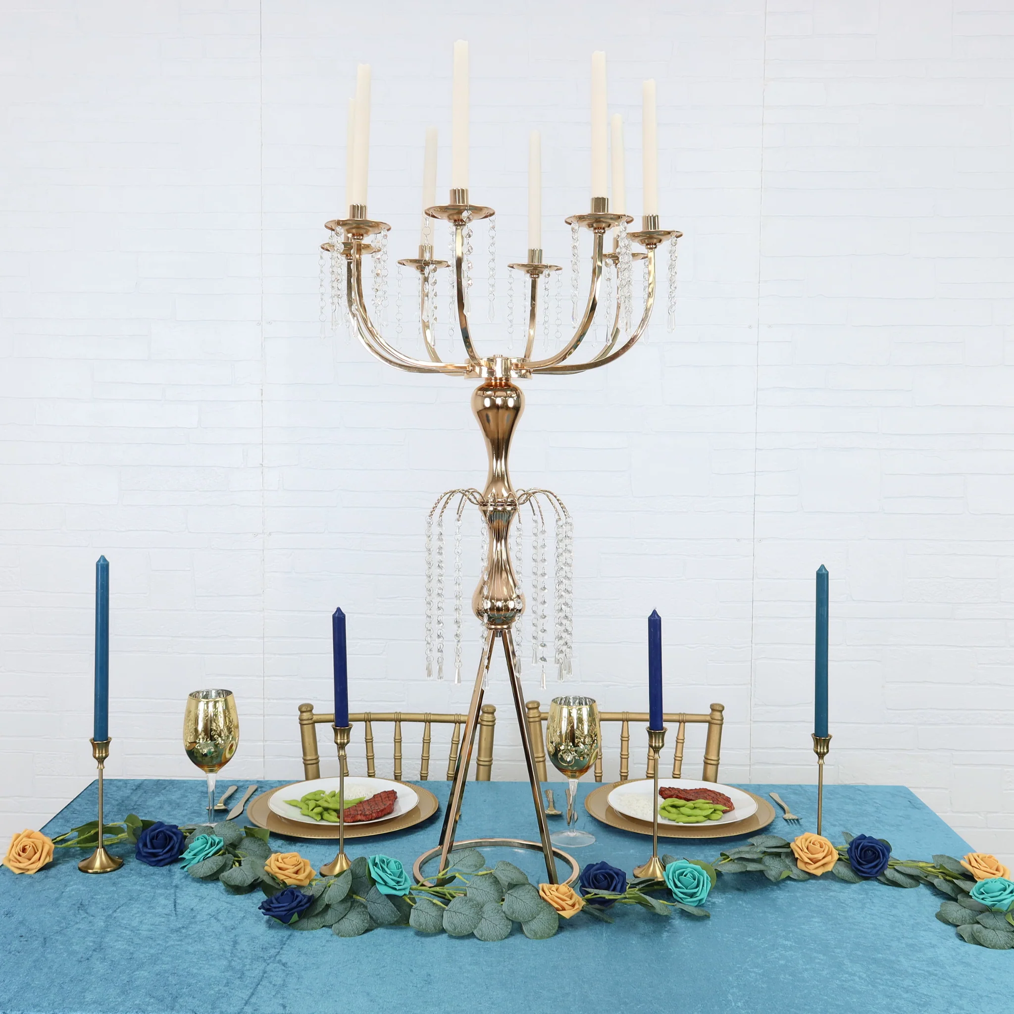 8 Arms Candelabra Crystal Waterfall Centerpiece - Gold - Image 2
