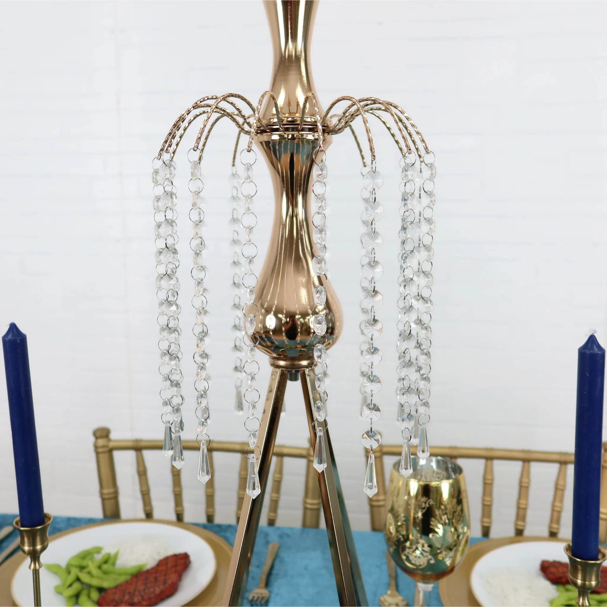 8 Arms Candelabra Crystal Waterfall Centerpiece - Gold - Image 3