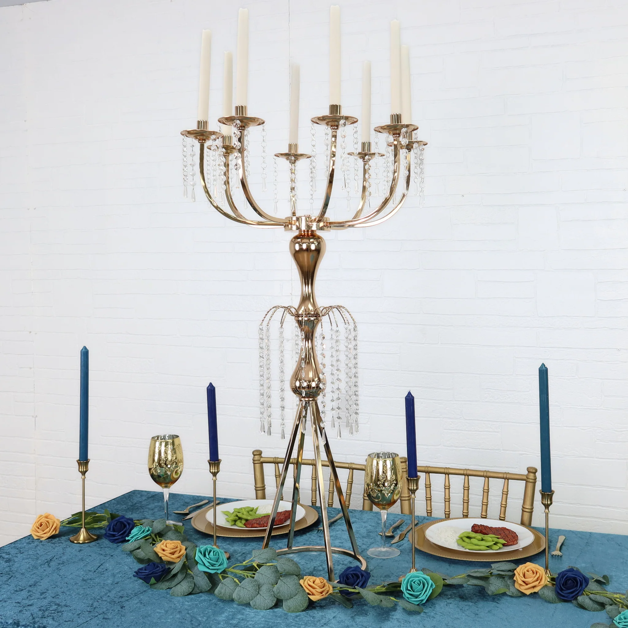 8 Arms Candelabra Crystal Waterfall Centerpiece - Gold - Image 4