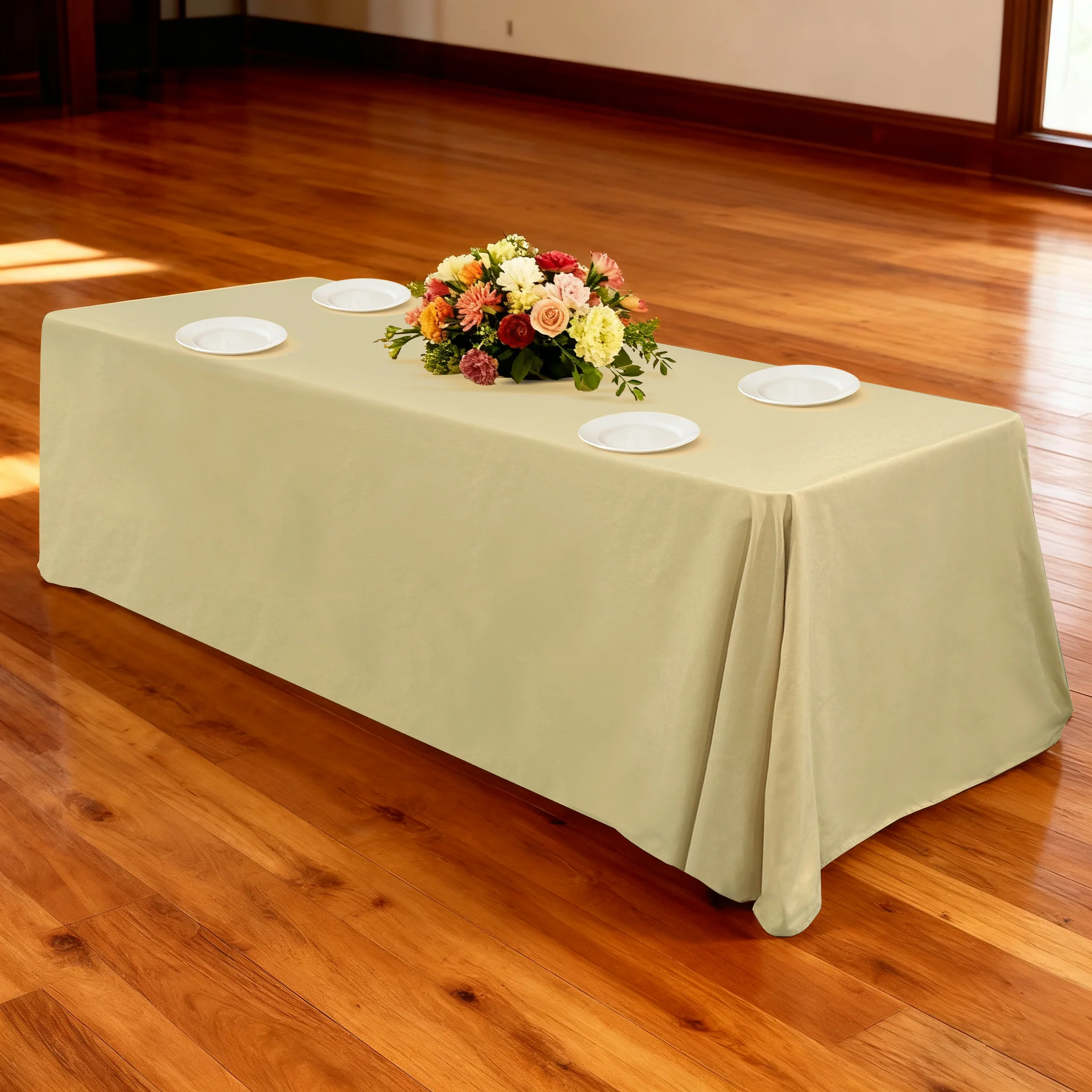 Premium 90"x132" Rectangular Champagne Spun Polyester Tablecloth - Image 2