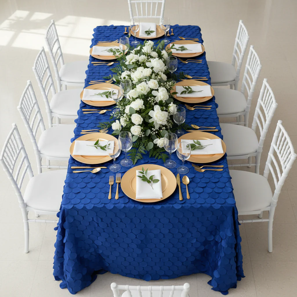 90"x132" Petal Circle Taffeta Rectangular Tablecloth - Royal Blue - Image 3