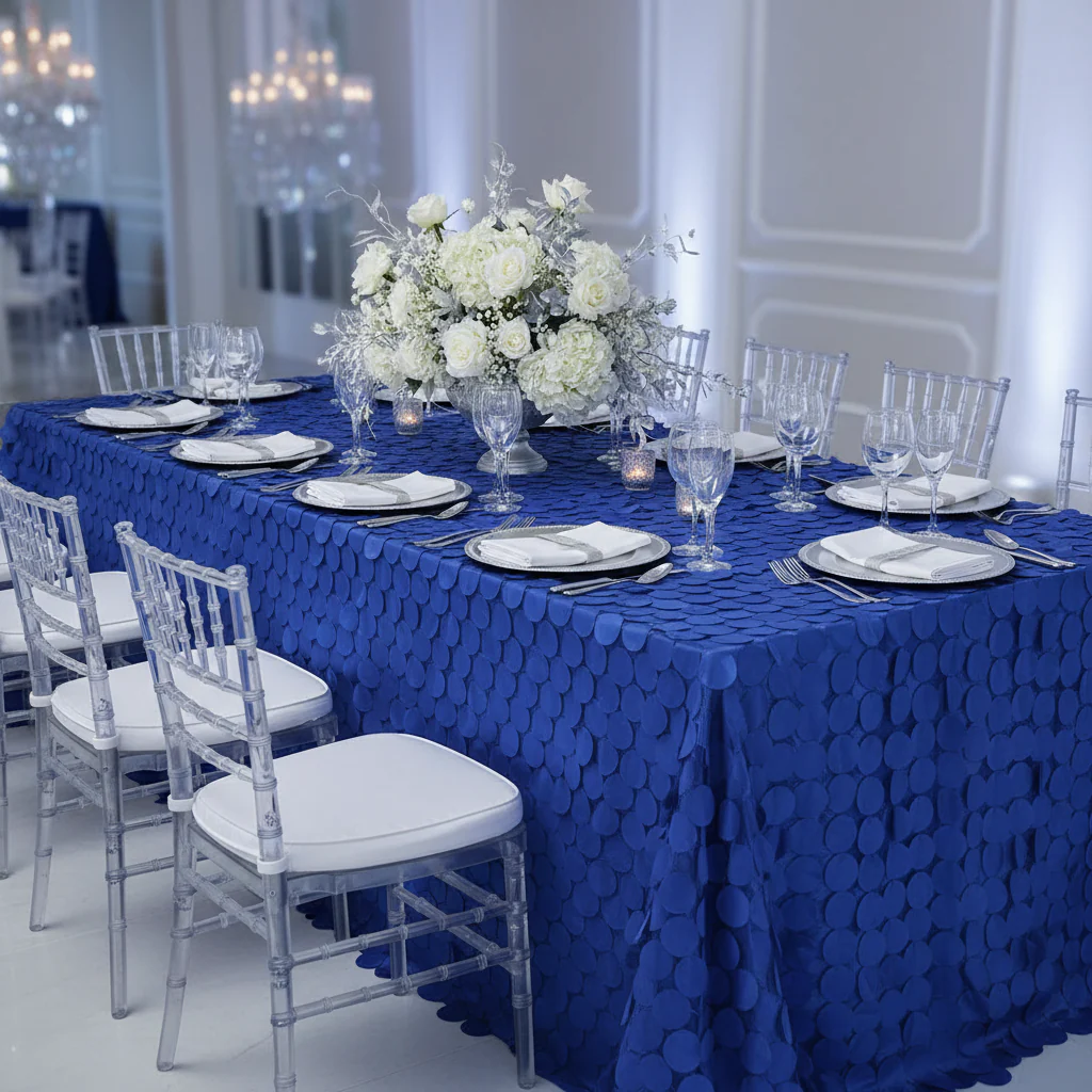 90"x132" Petal Circle Taffeta Rectangular Tablecloth - Royal Blue - Image 5