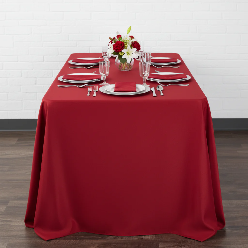 90"x132" Rectangular Oblong Premium Polyester Tablecloth - Apple Red - Image 4