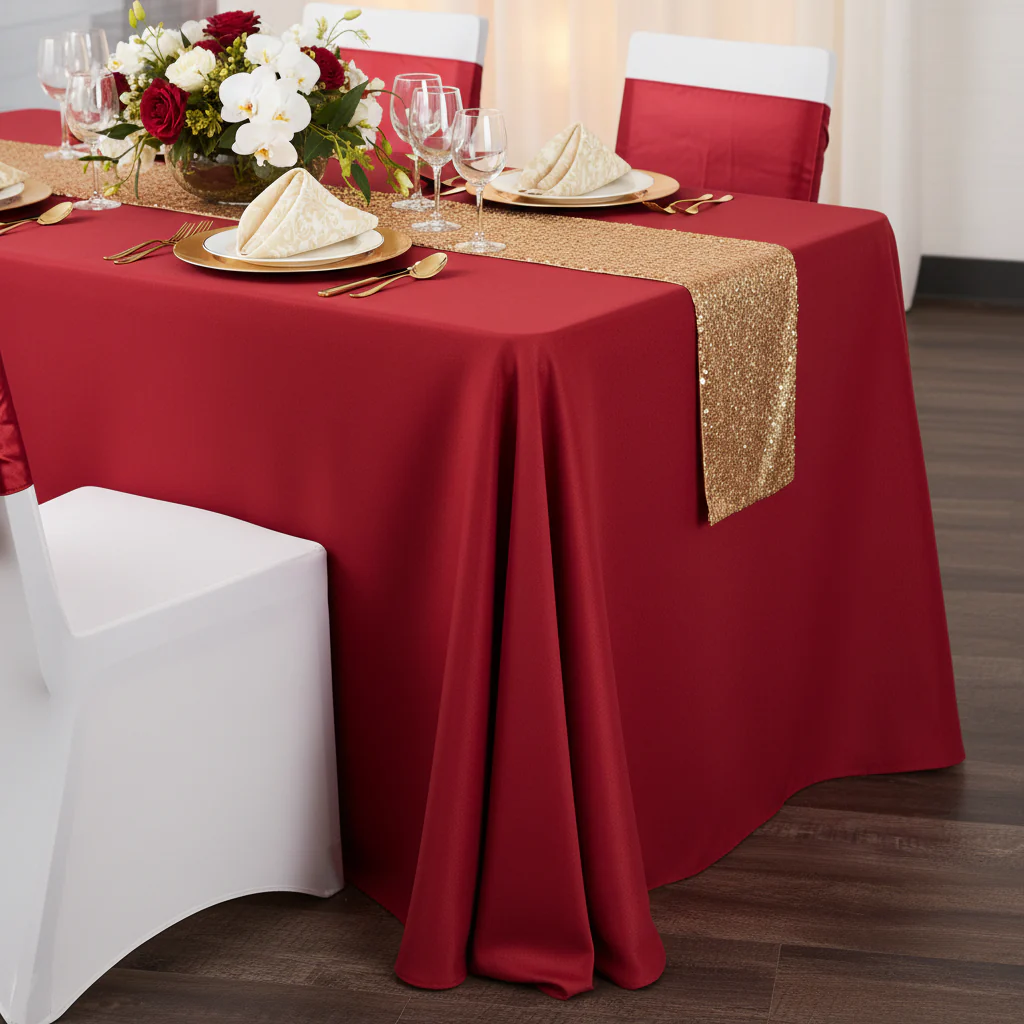 90"x132" Rectangular Oblong Premium Polyester Tablecloth - Apple Red - Image 5