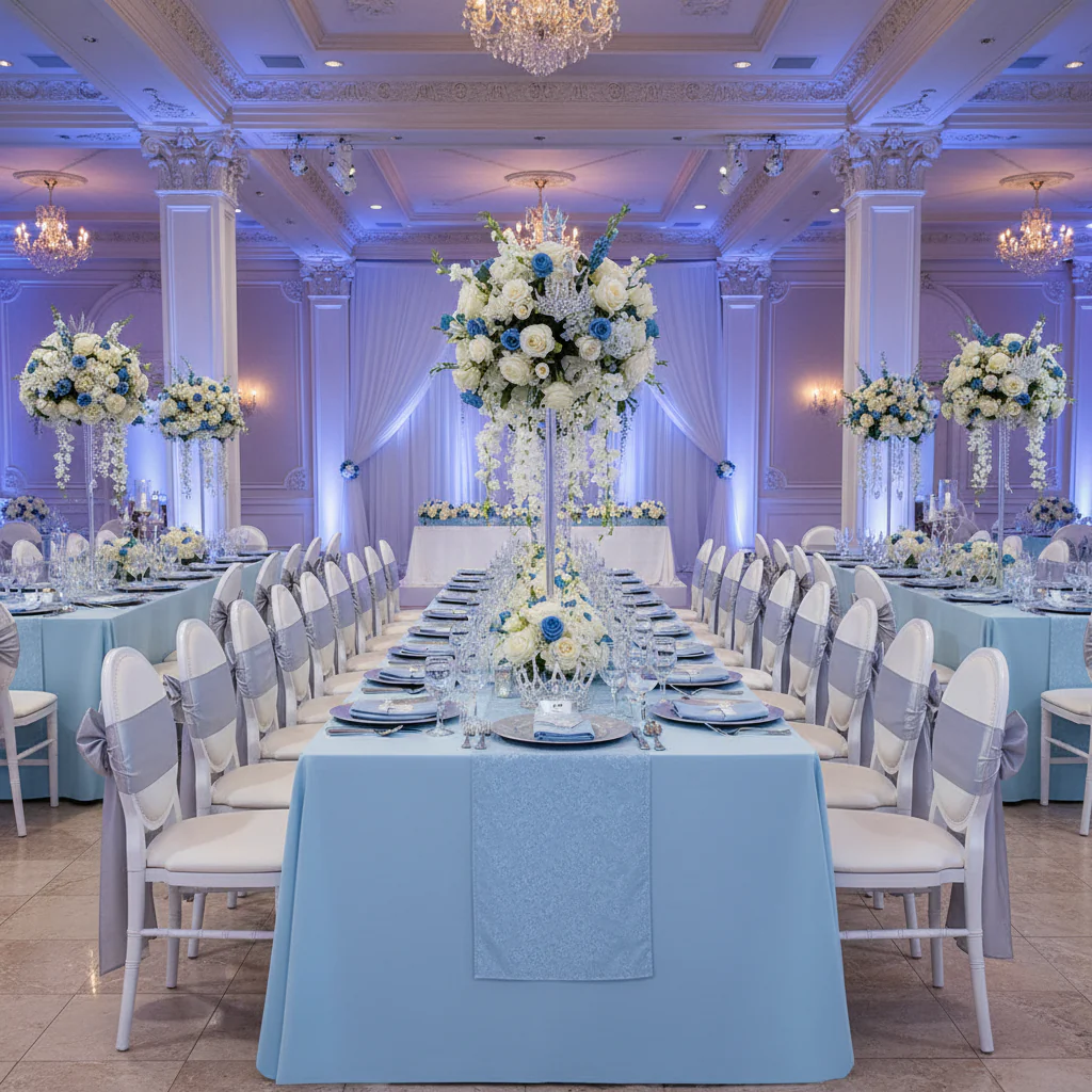 90"x132" Rectangular Oblong Premium Polyester Tablecloth - Baby Blue - Image 3