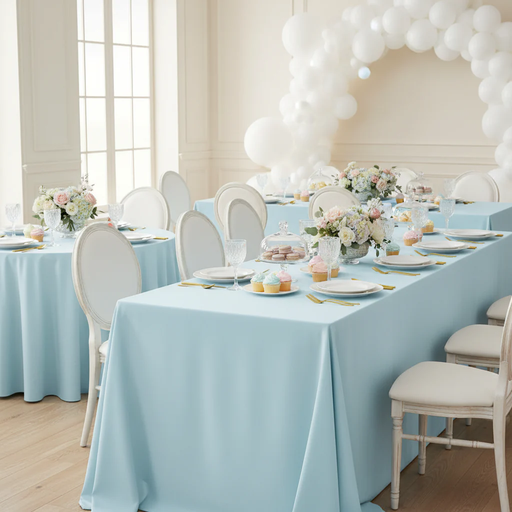 90"x132" Rectangular Oblong Premium Polyester Tablecloth - Baby Blue - Image 4