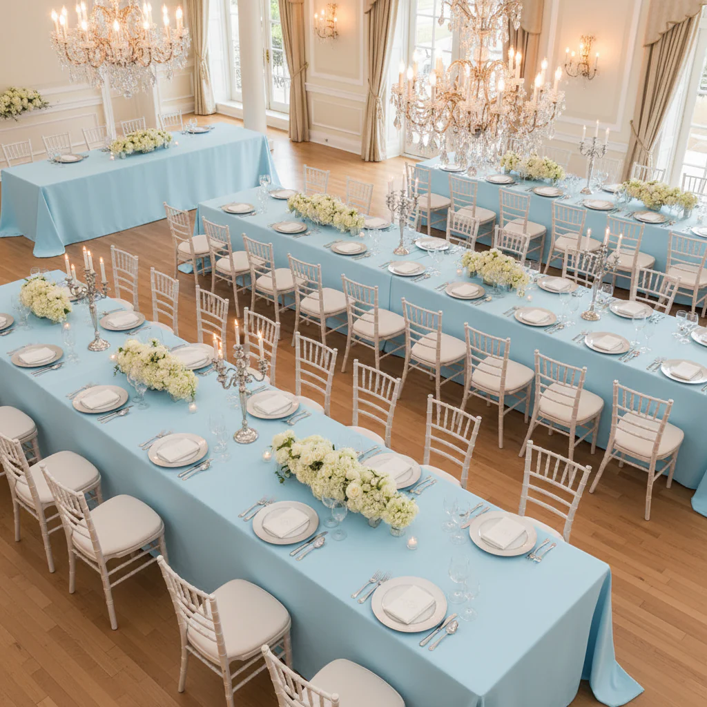 90"x132" Rectangular Oblong Premium Polyester Tablecloth - Baby Blue - Image 5