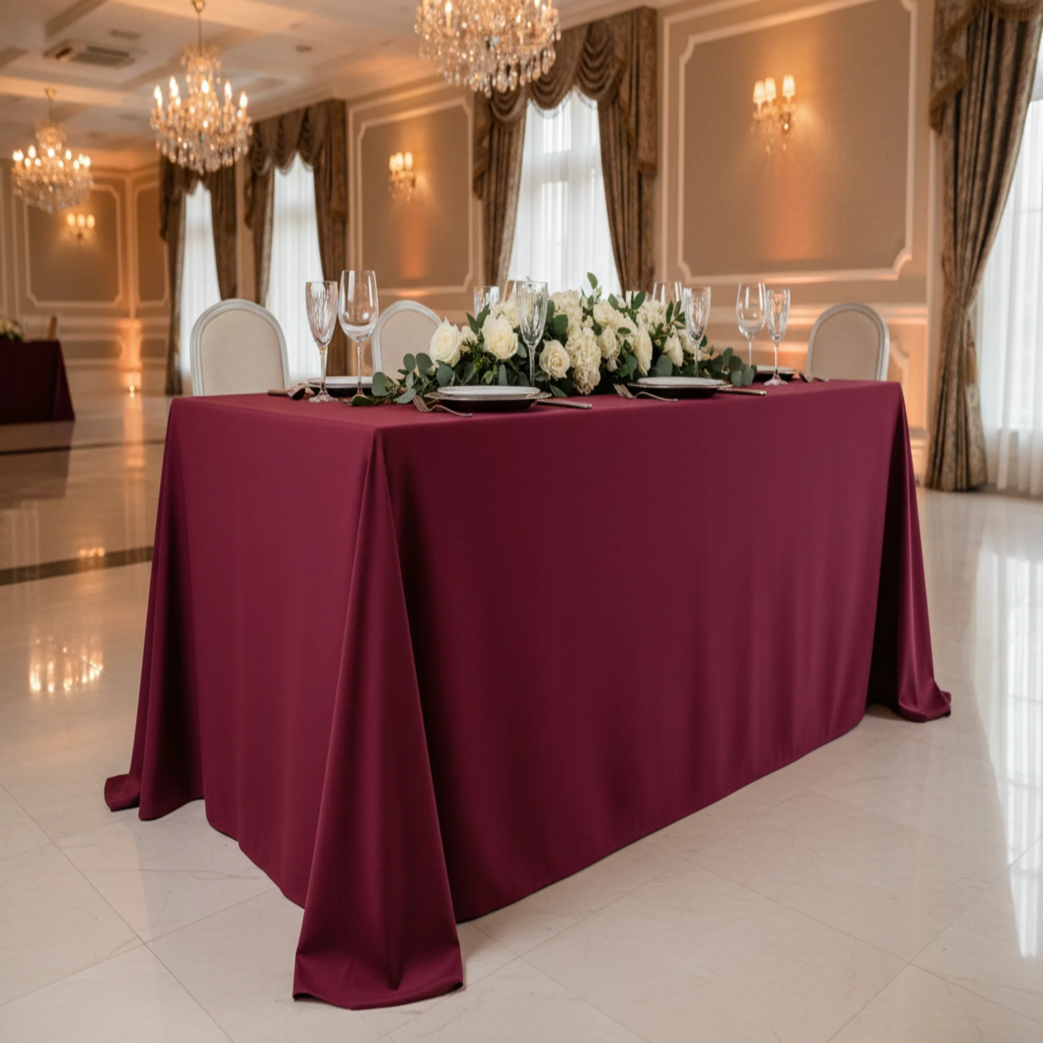 90"x132" Rectangular Oblong Premium Polyester Tablecloth - Burgundy - Image 3