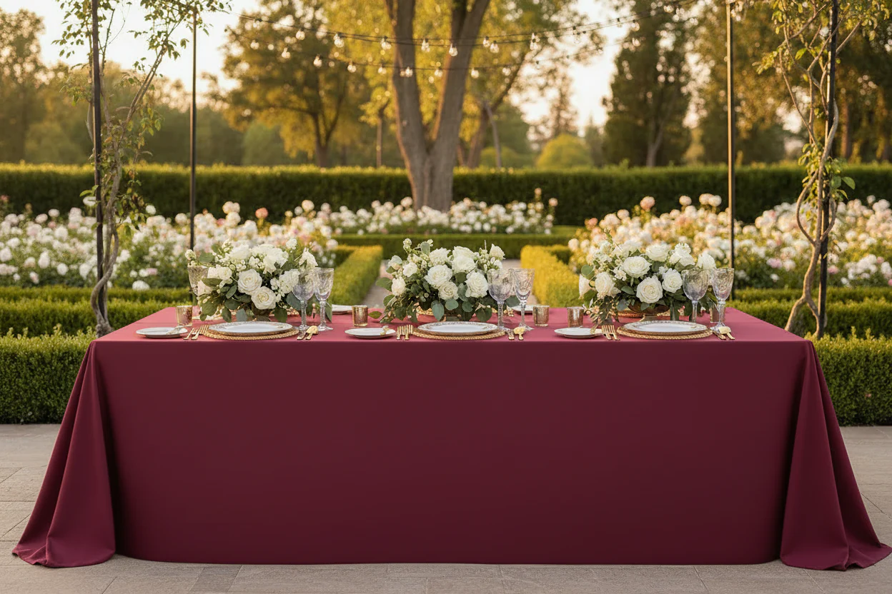 90"x132" Rectangular Oblong Premium Polyester Tablecloth - Burgundy - Image 4