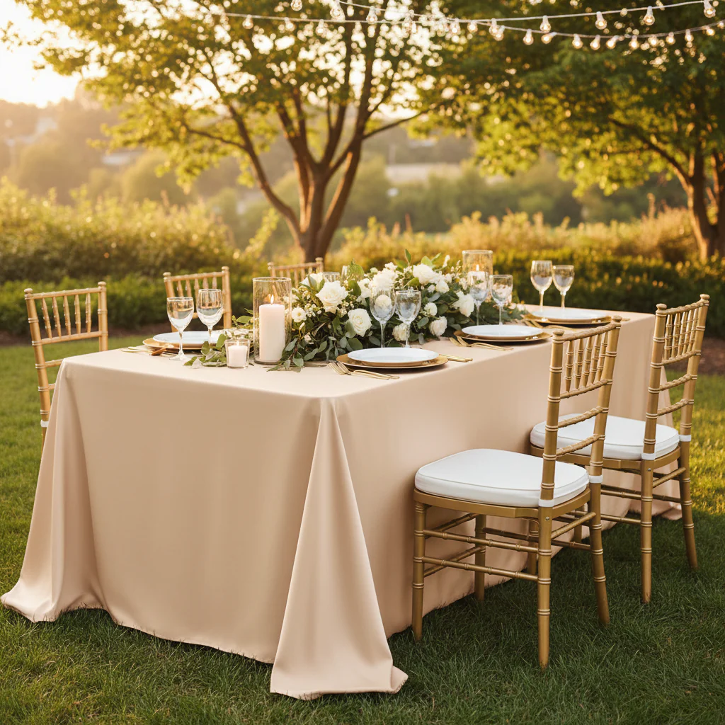90"x132" Rectangular Oblong Premium Polyester Tablecloth - Champagne - Image 2