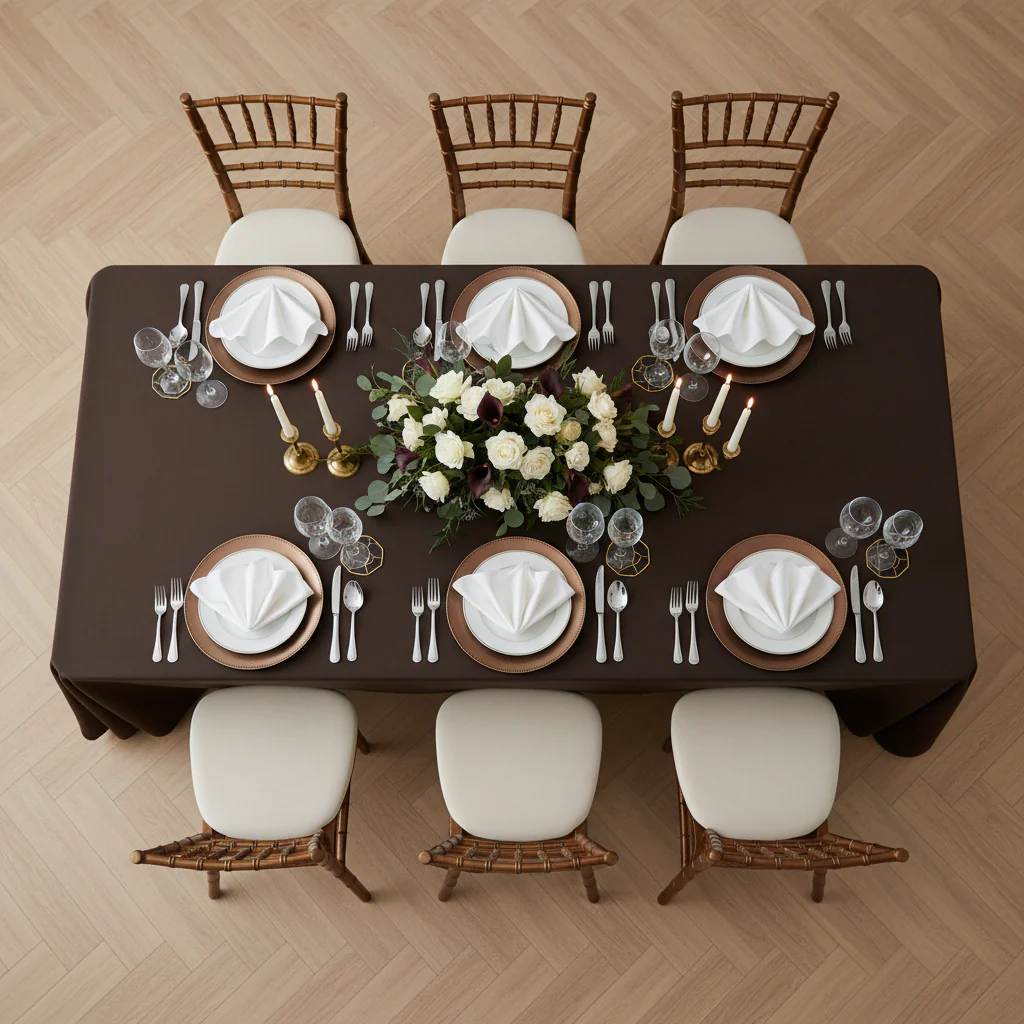 90"x132" Rectangular Oblong Premium Polyester Tablecloth - Chocolate Brown - Image 3