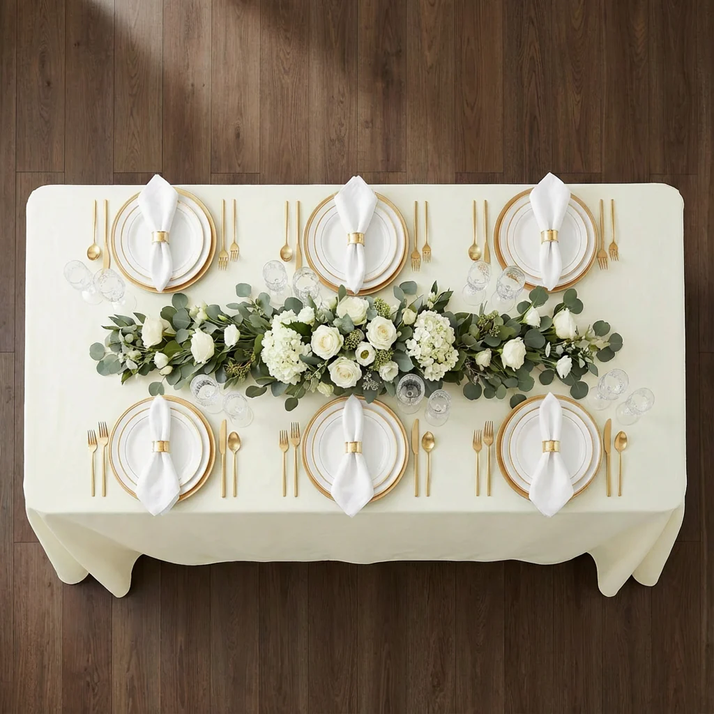 90"x132" Rectangular Oblong Premium Polyester Tablecloth - Light Ivory/Off White - Image 3