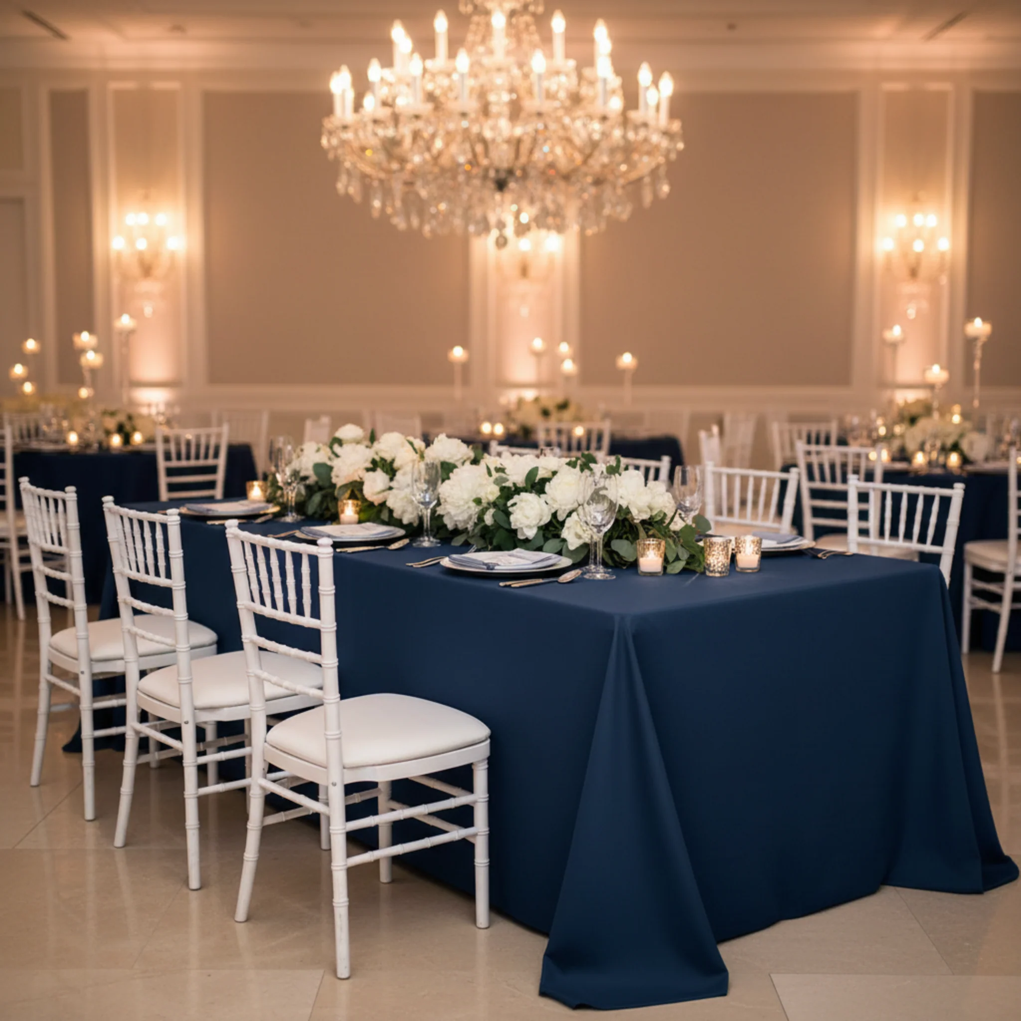 90"x132" Rectangular Oblong Premium Polyester Tablecloth - Navy Blue - Image 4