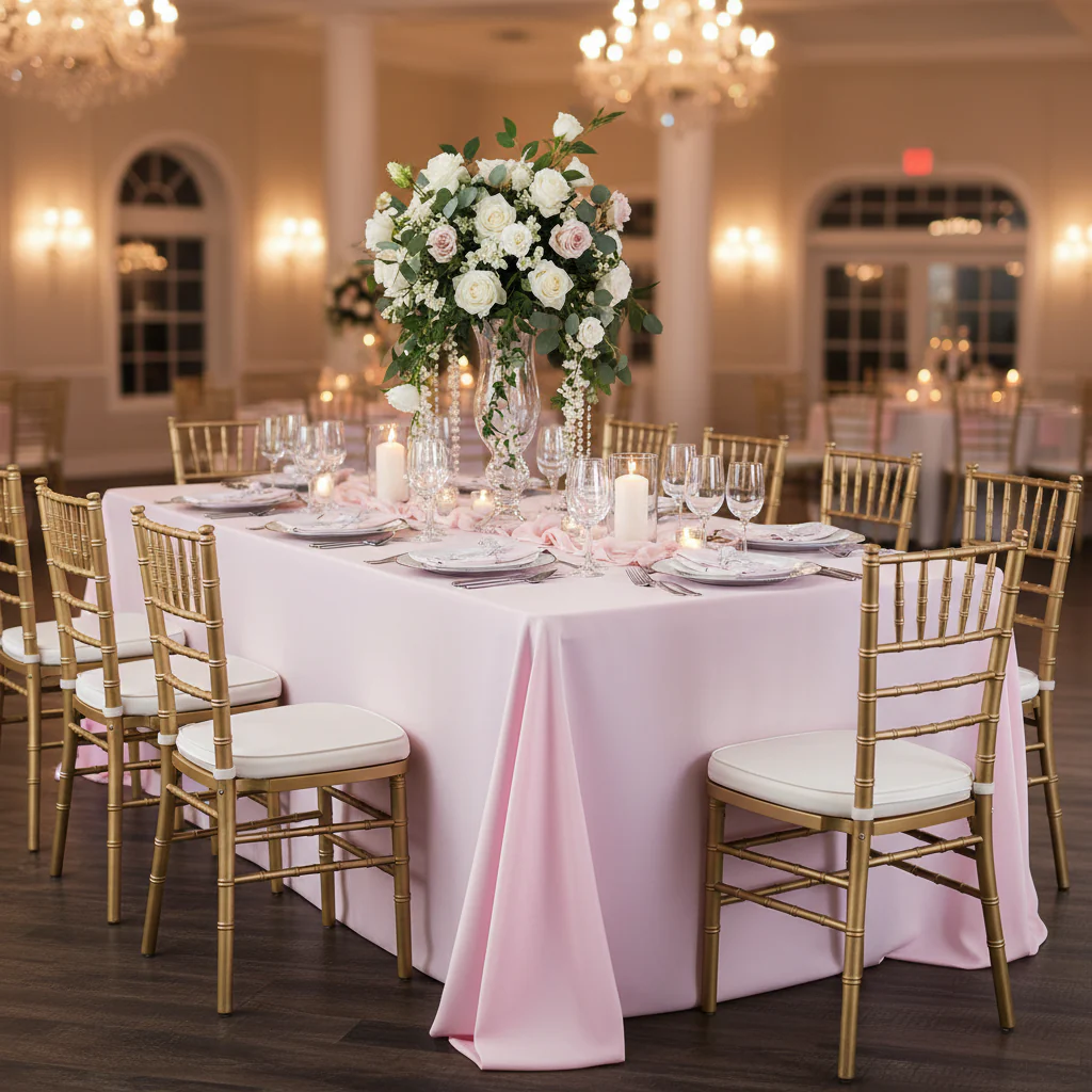 90"x132" Rectangular Oblong Premium Polyester Tablecloth - Pastel Pink - Image 2