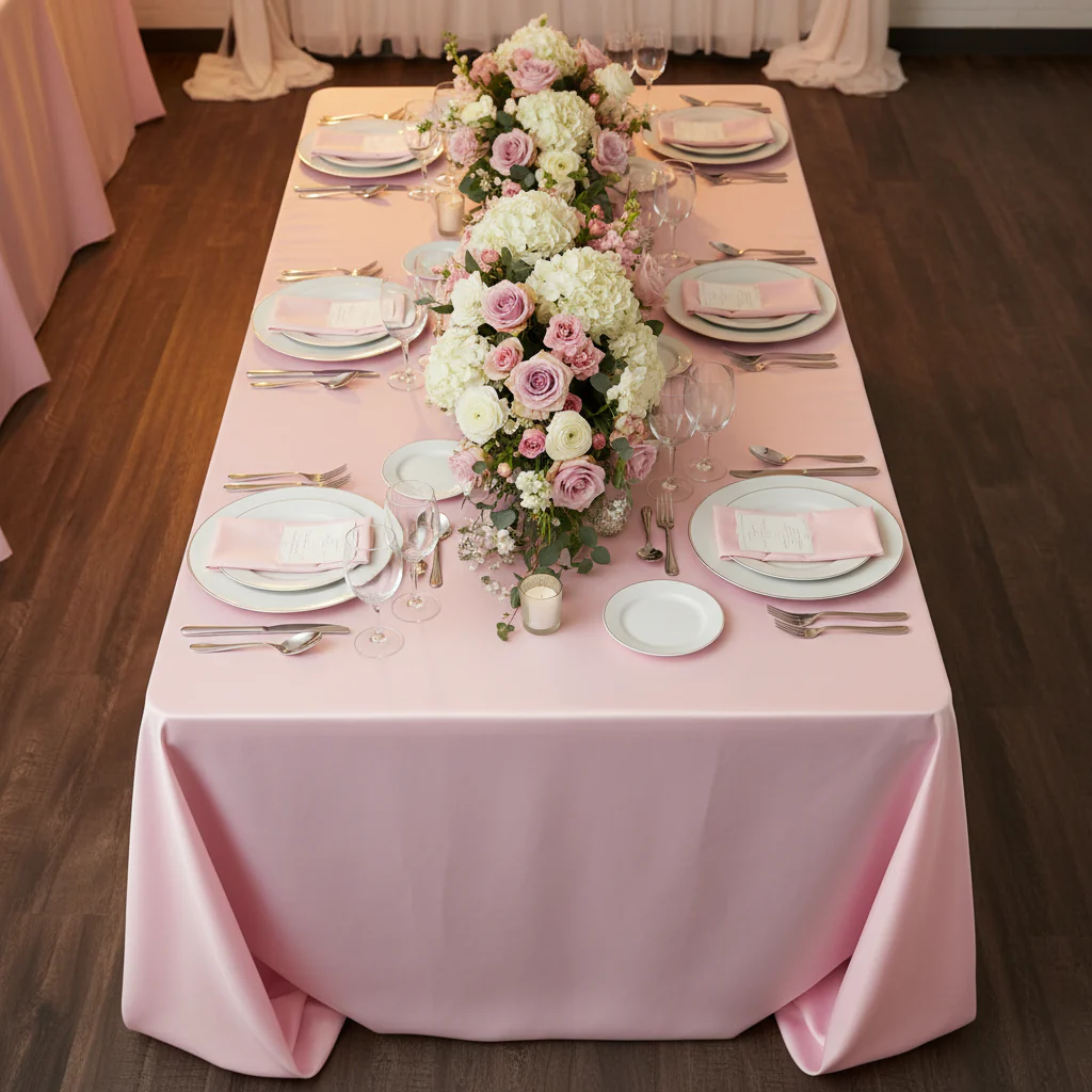 90"x132" Rectangular Oblong Premium Polyester Tablecloth - Pastel Pink - Image 3