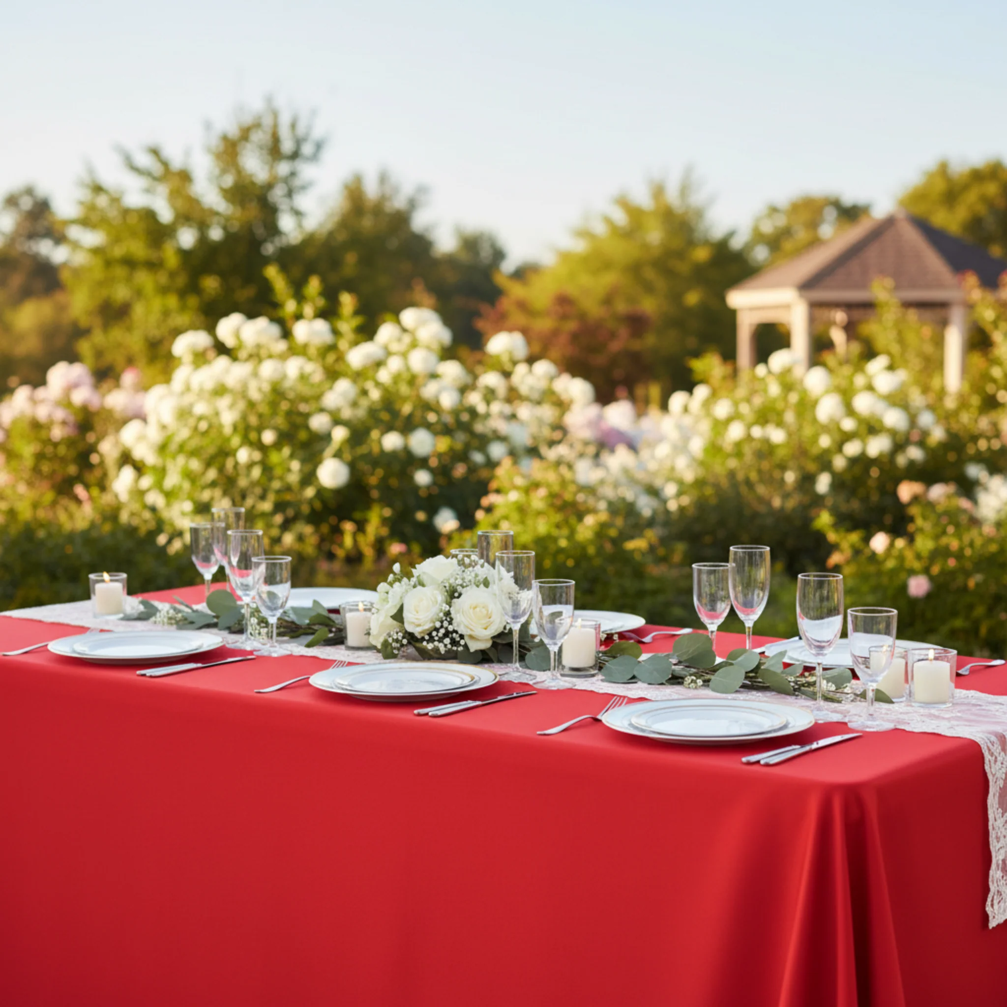 90"x132" Rectangular Oblong Premium Polyester Tablecloth - Red - Image 4