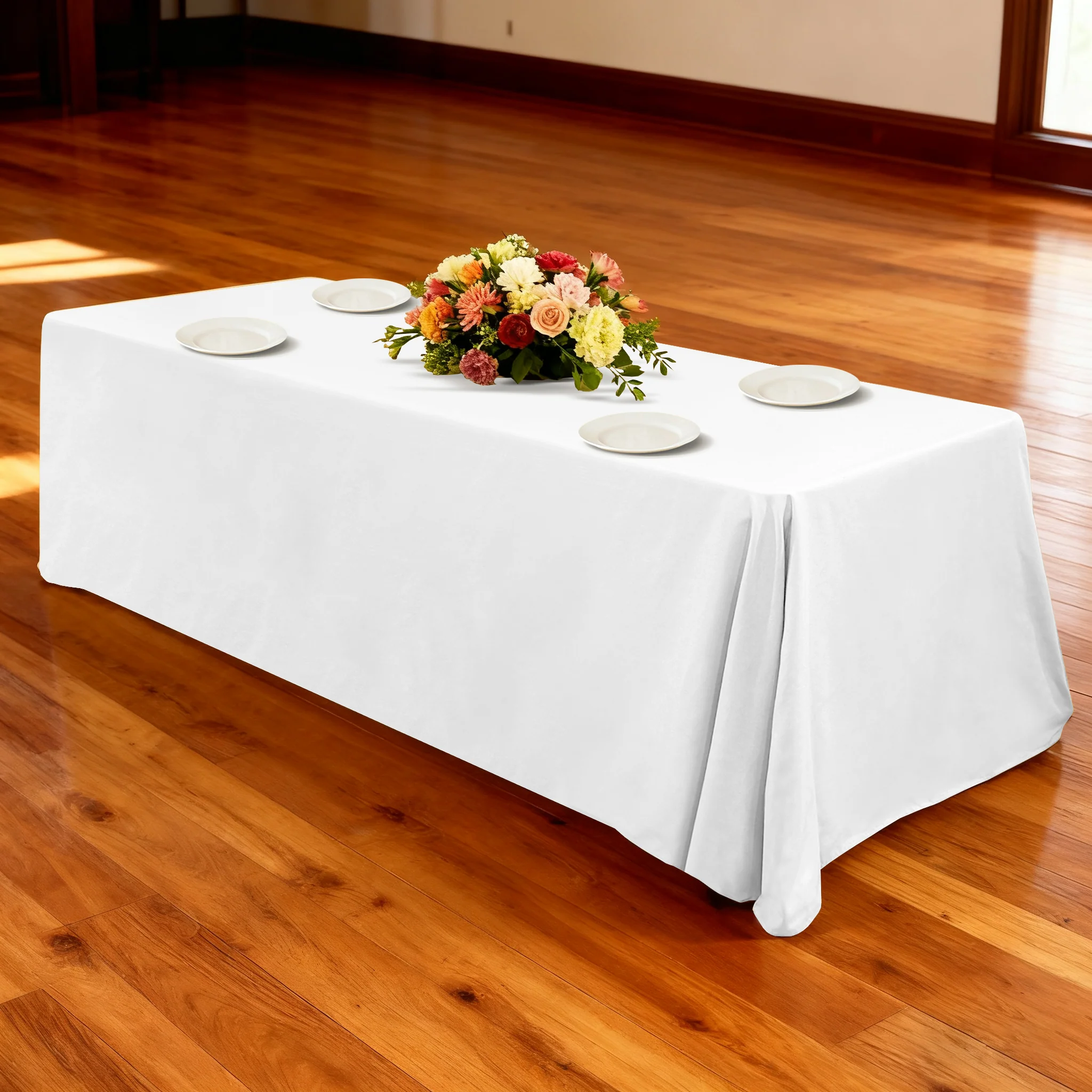 Premium 90"x156" Rectangular White Spun Polyester Tablecloth - Image 2