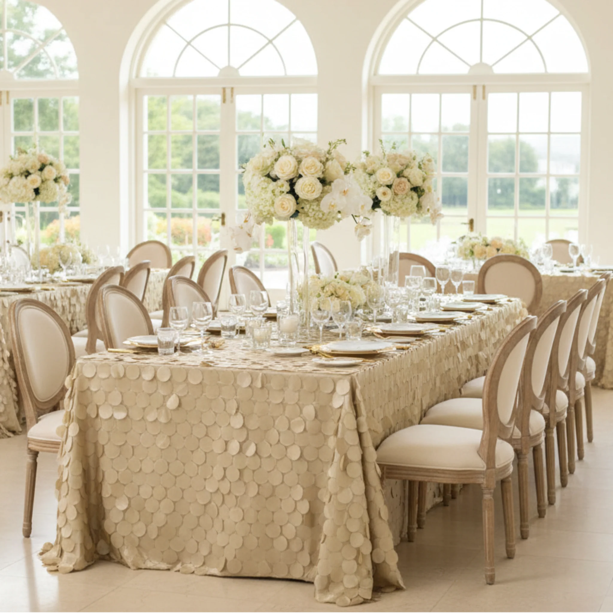 90"x156" Petal Circle Taffeta Rectangular Tablecloth - Champagne - Image 3