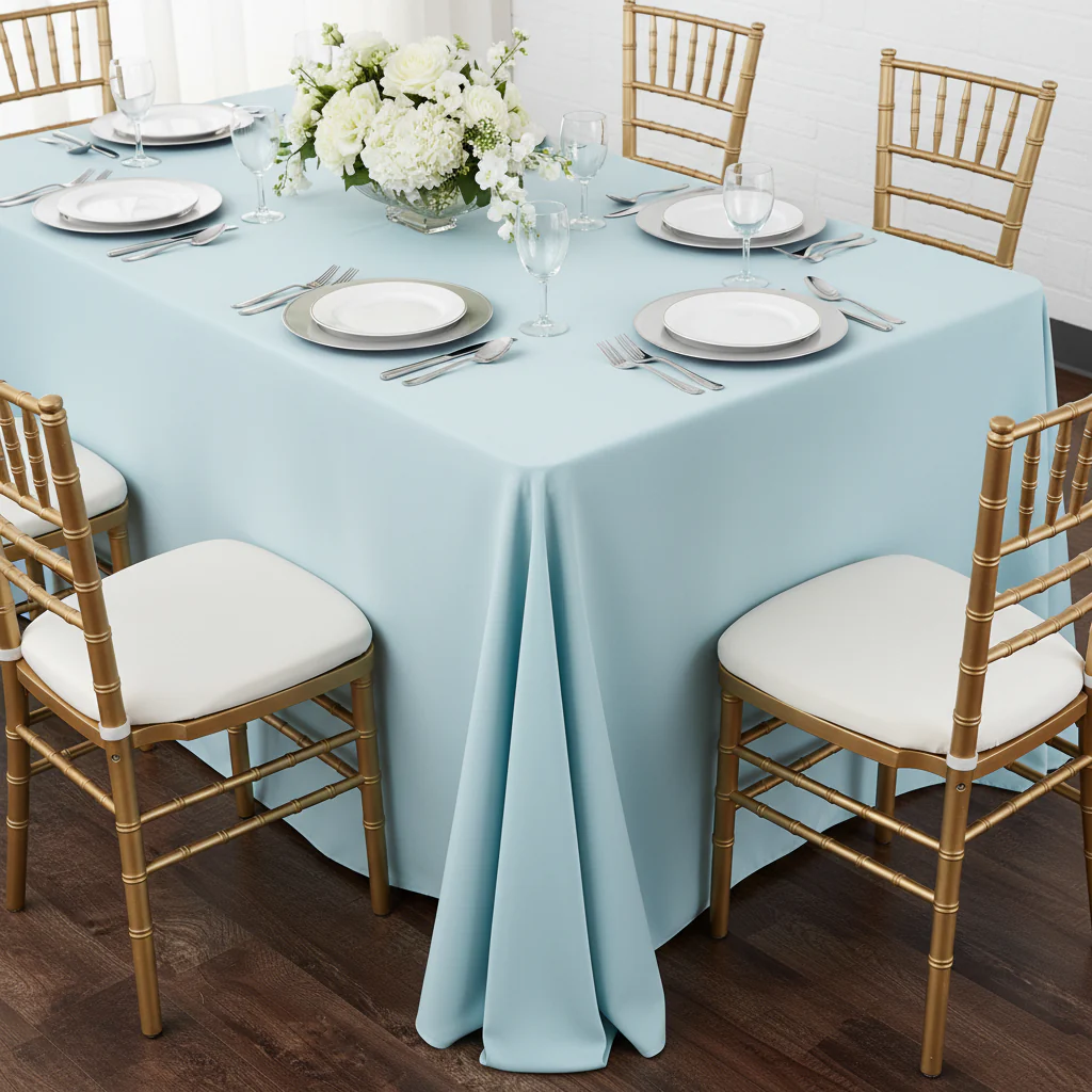 90"x156" Rectangular Oblong Premium Polyester Tablecloth - Baby Blue - Image 4