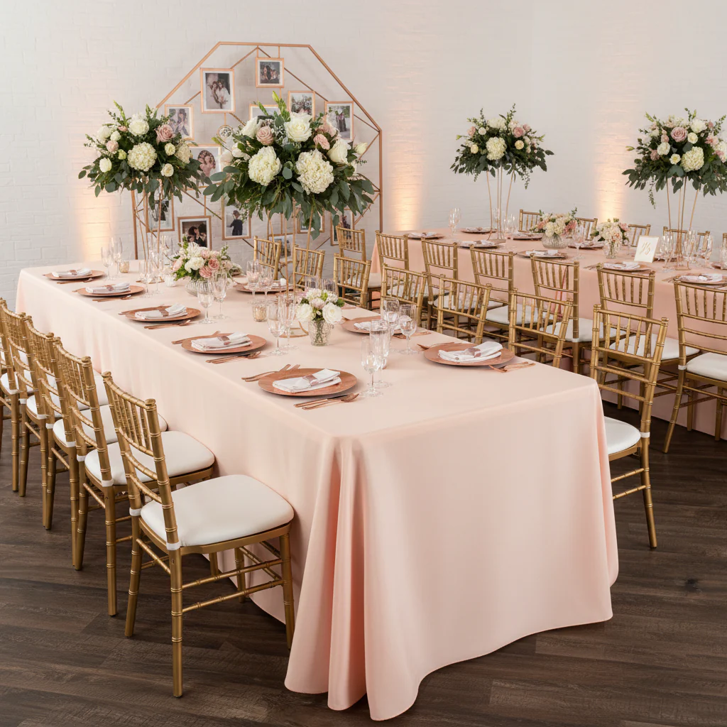 90"x156" Rectangular Oblong Premium Polyester Tablecloth - Blush/Rose Gold - Image 4