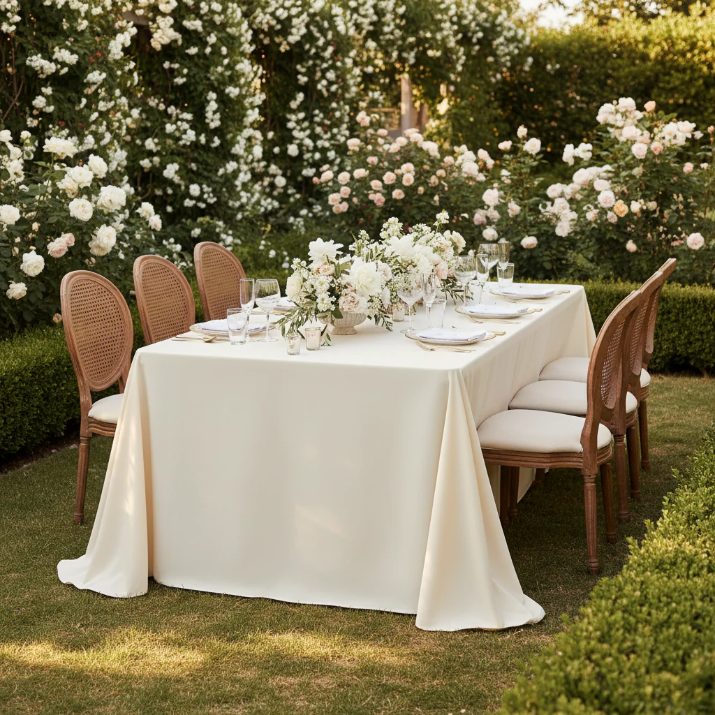 90"x156" Rectangular Oblong Premium Polyester Tablecloth - Light Ivory/Off White - Image 2