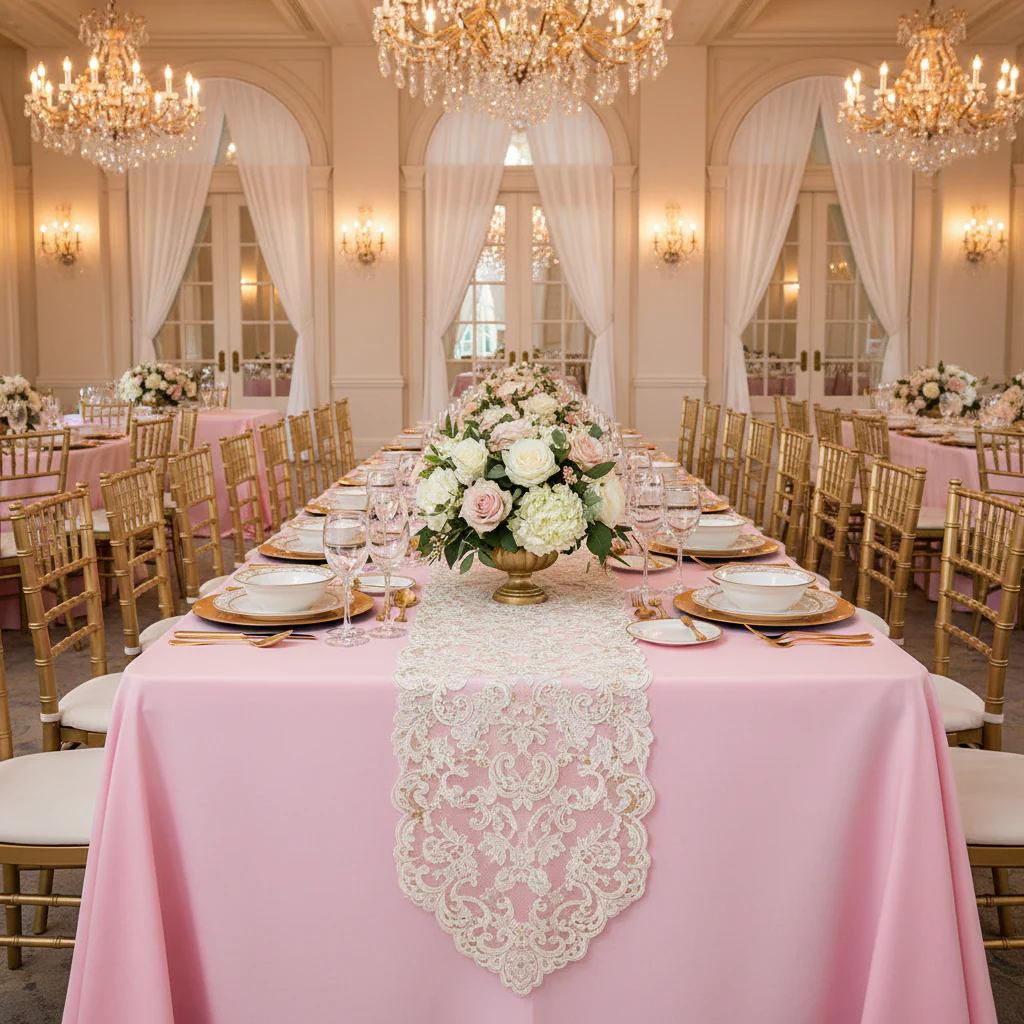 90"x156" Rectangular Oblong Premium Polyester Tablecloth - Pink - Image 2