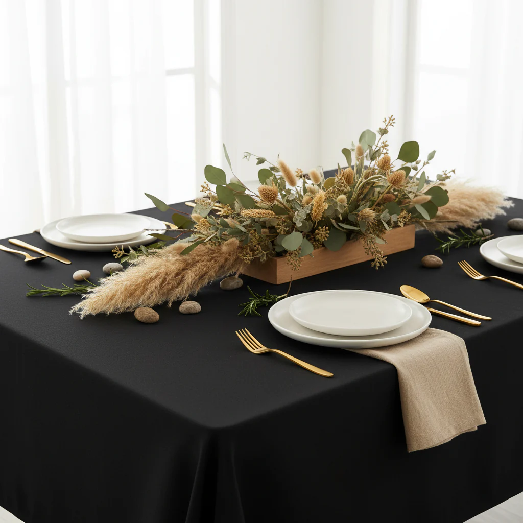 90"x156" Rectangular Premium Polyester Tablecloth (Square Corners) - Black - Image 4