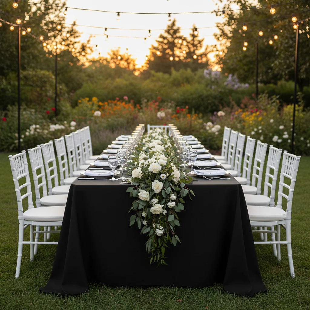 90"x156" Rectangular Premium Polyester Tablecloth (Square Corners) - Black - Image 5