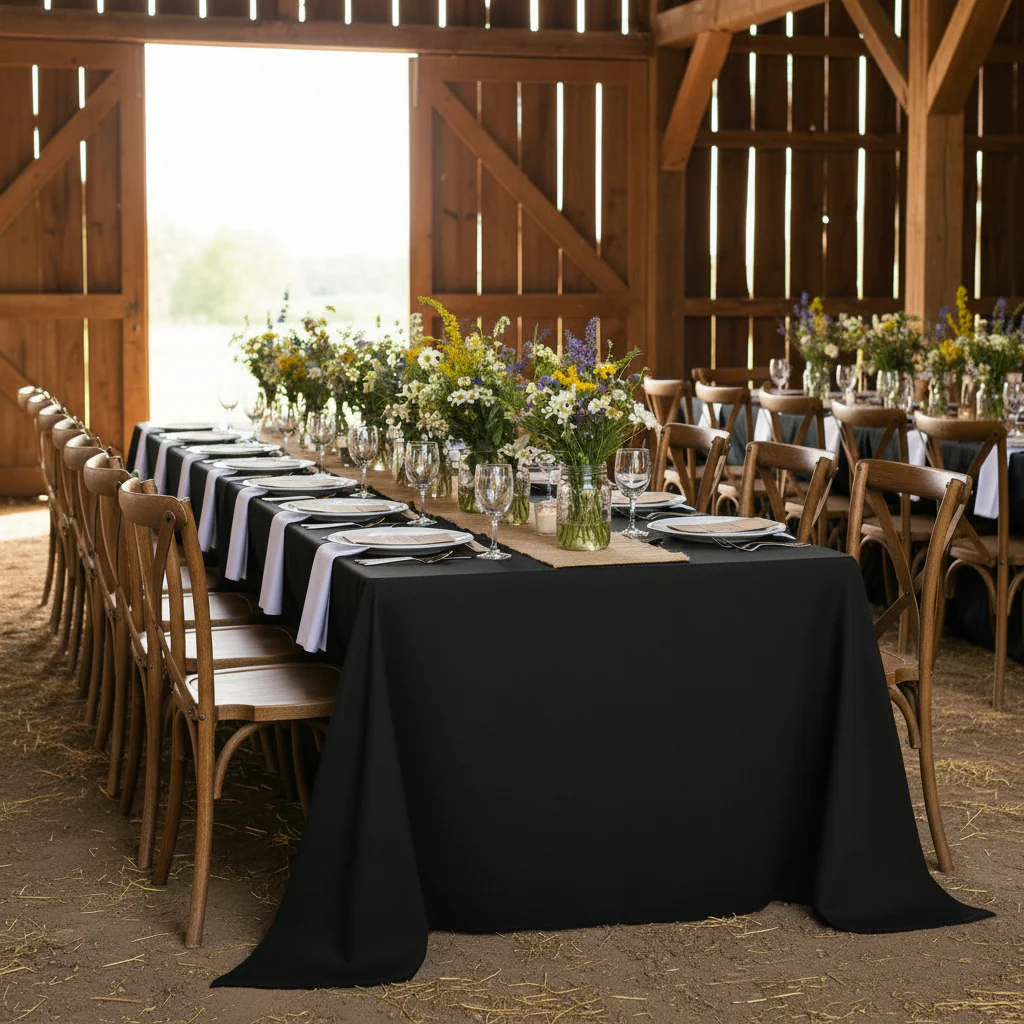 90"x156" Rectangular Premium Polyester Tablecloth (Square Corners) - Black - Image 6
