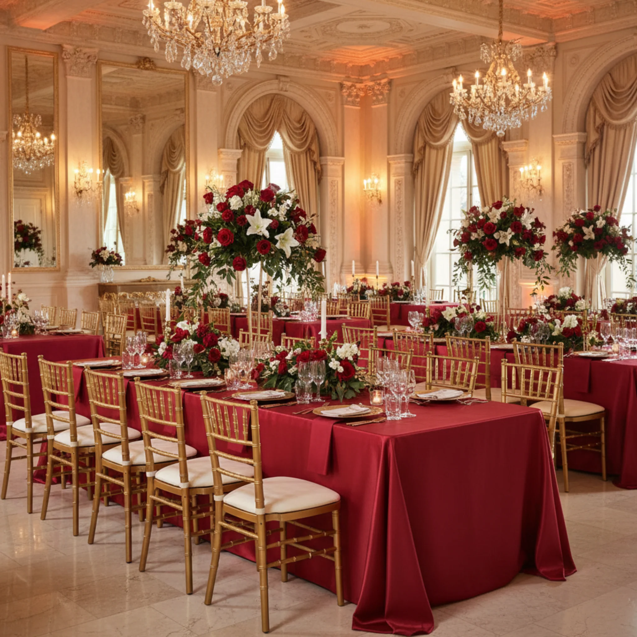 90"x156" Rectangular Satin Tablecloth - Apple Red - Image 4