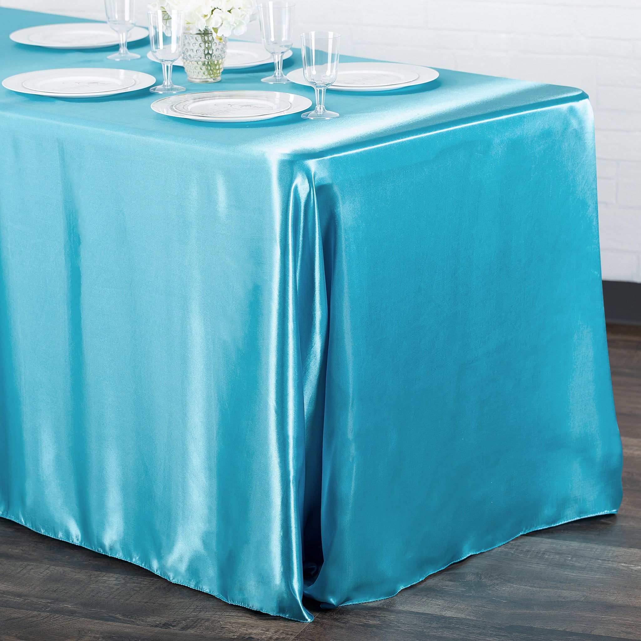 90"x156" Rectangular Satin Tablecloth - Aqua Blue - Image 2