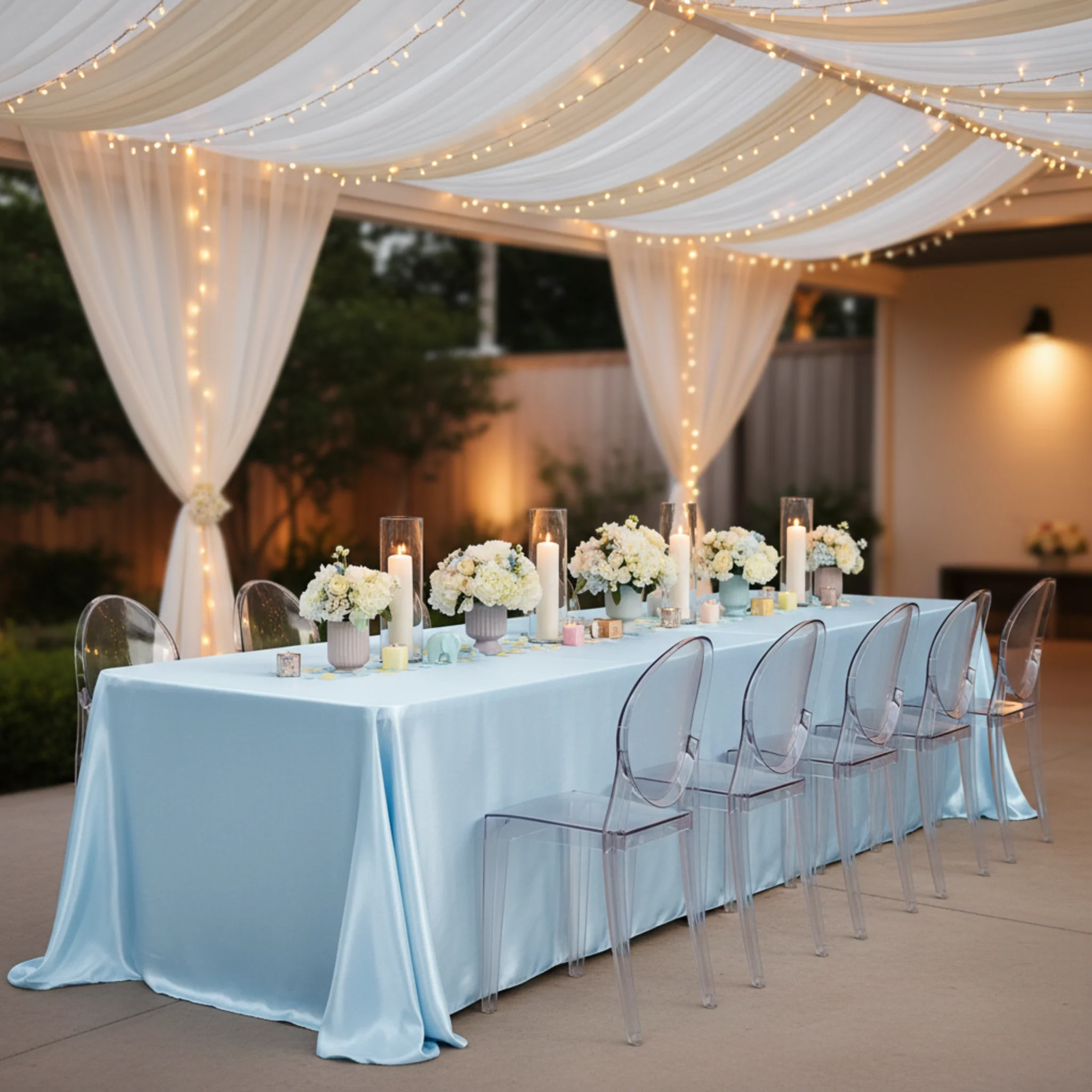 90"x156" Rectangular Satin Tablecloth - Baby Blue - Image 3