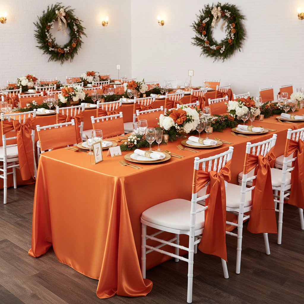 90"x156" Rectangular Satin Tablecloth - Burnt Orange - Image 4
