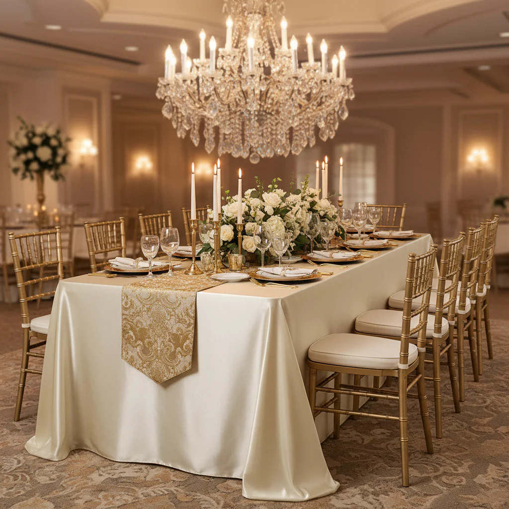 90"x156" Rectangular Satin Tablecloth - Champagne - Image 2