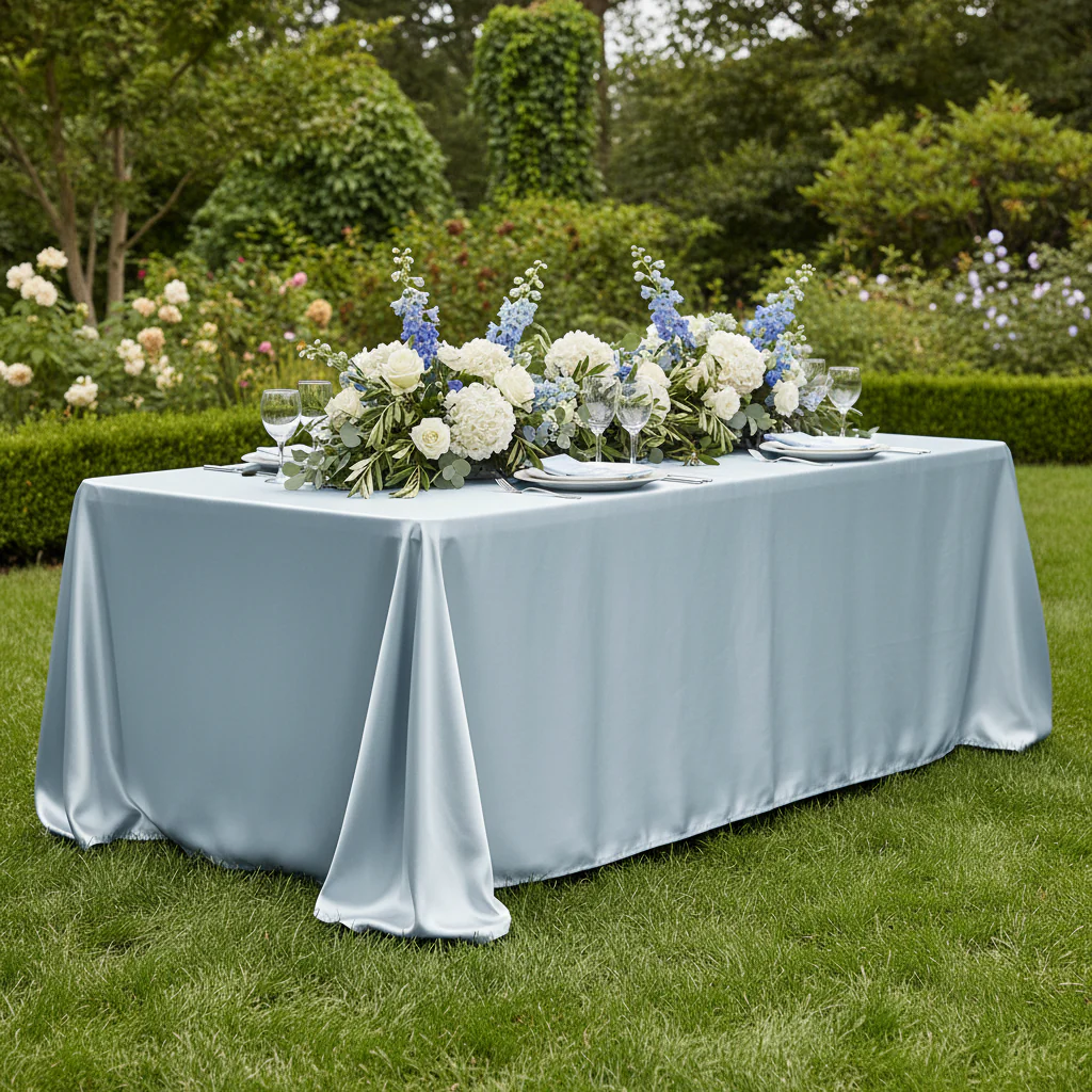 90"x156" Rectangular Satin Tablecloth - Dusty Blue - Image 3
