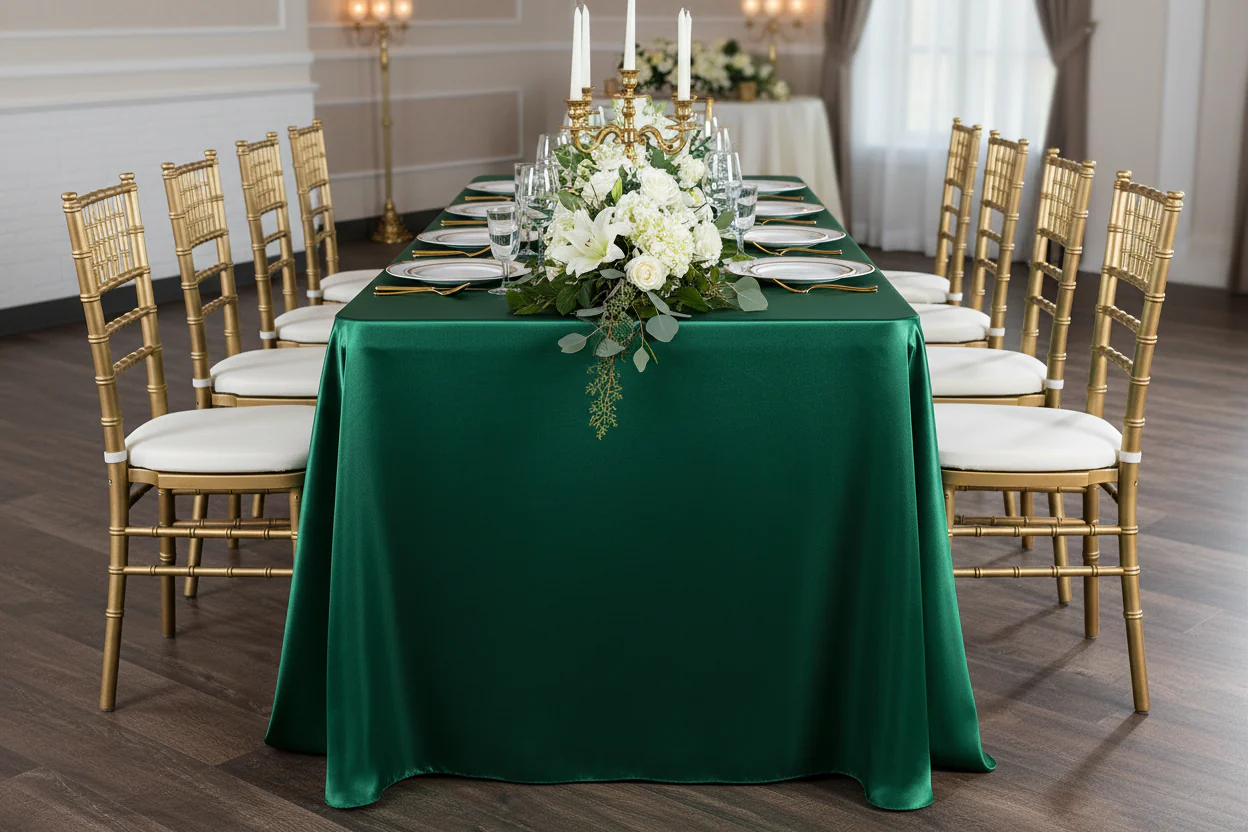 90"x156" Rectangular Satin Tablecloth - Emerald Green - Image 5