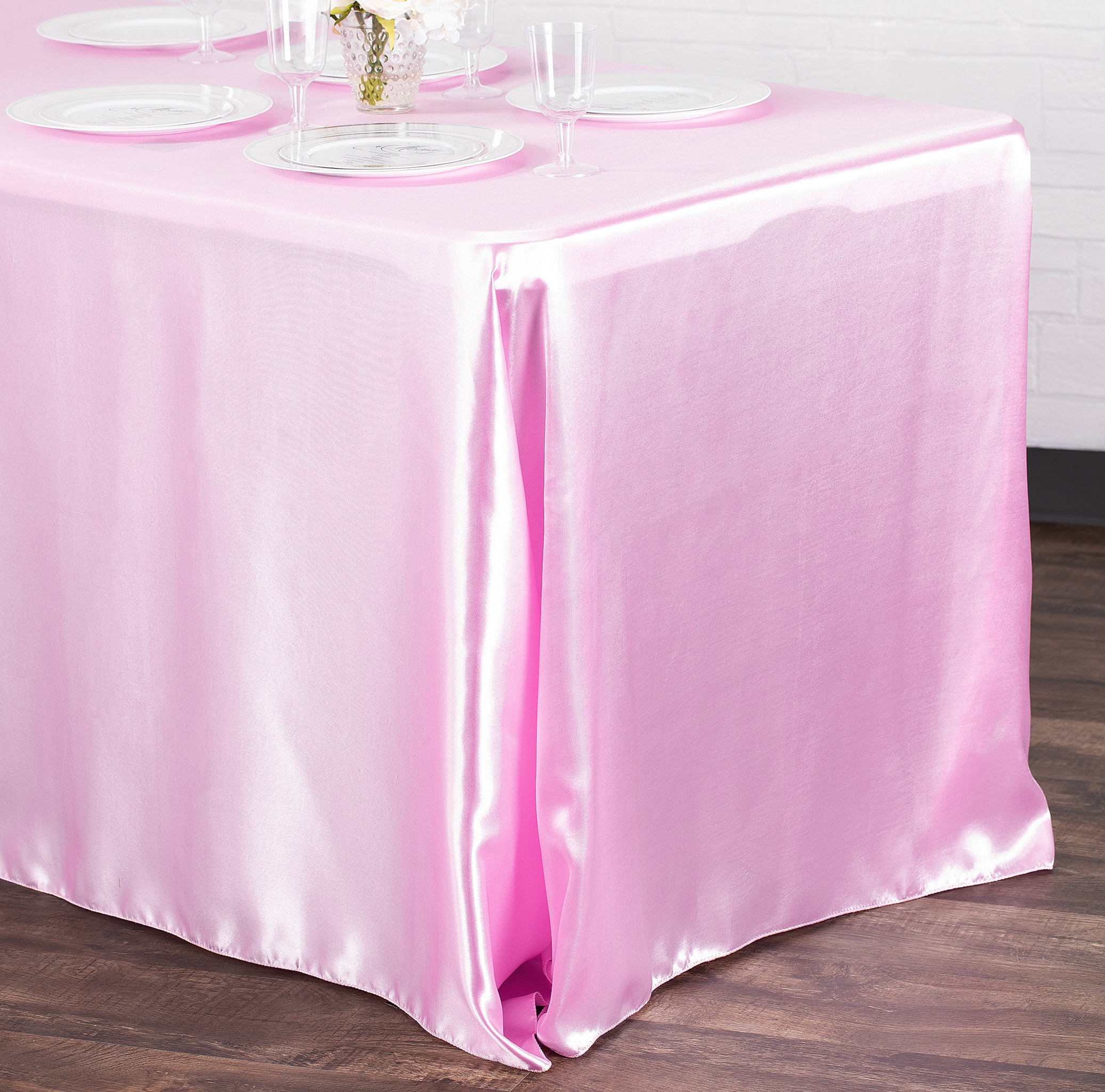 90"x156" Rectangular Satin Tablecloth - Medium Pink - Image 4