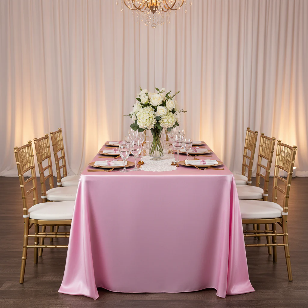 90"x156" Rectangular Satin Tablecloth - Medium Pink - Image 5